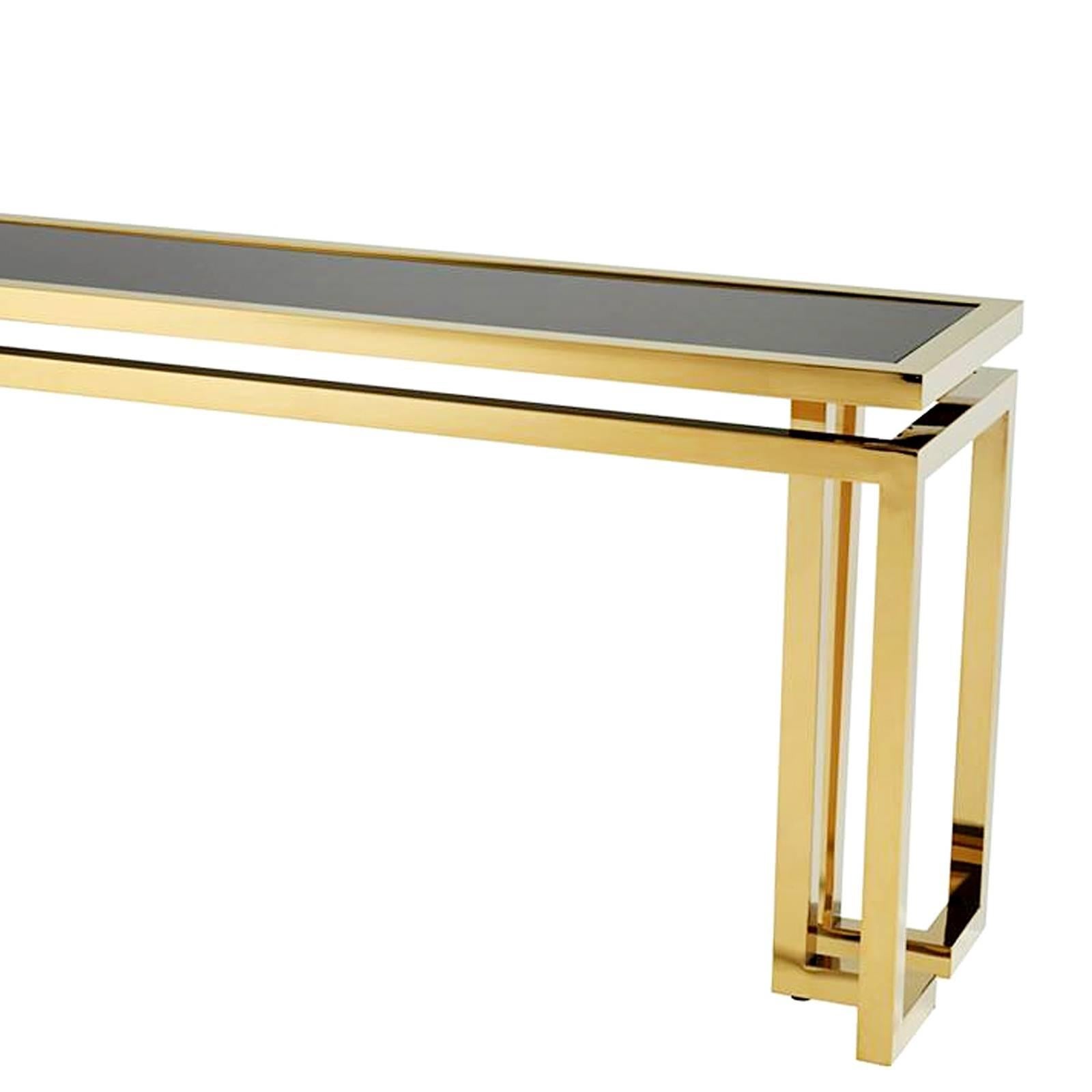 Chinese Angles Console Table Gold Finish with Black Glass