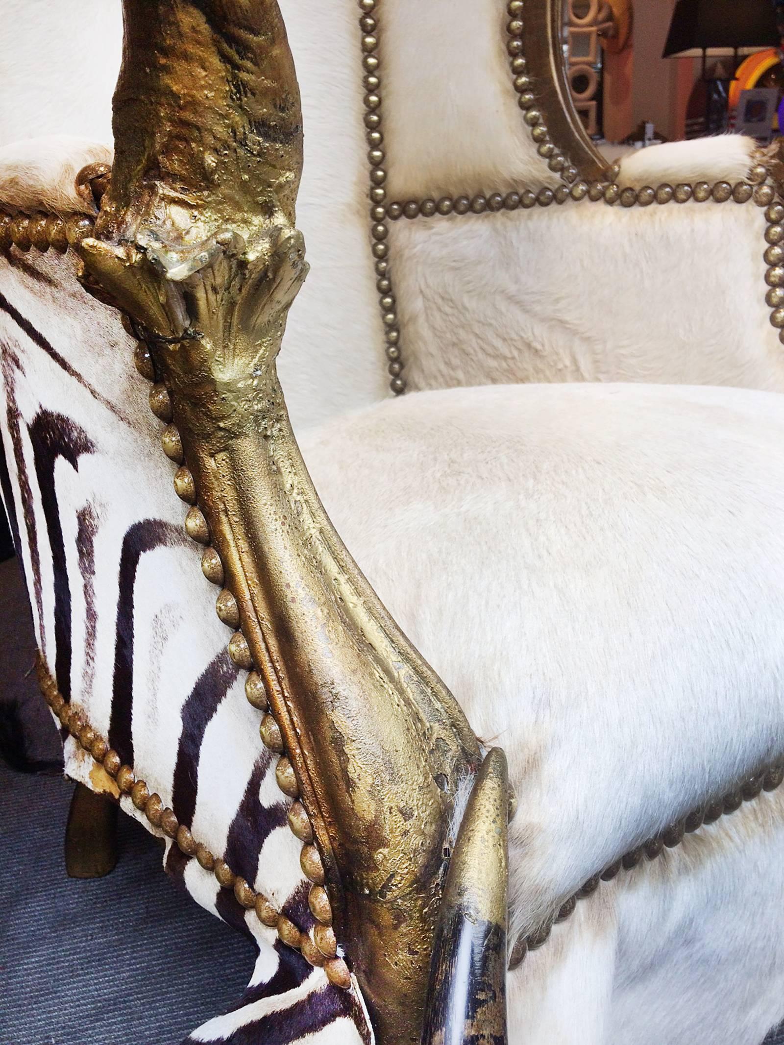 Bronze Zebra High Armchair with Kudu and Buffalo Horns For Sale