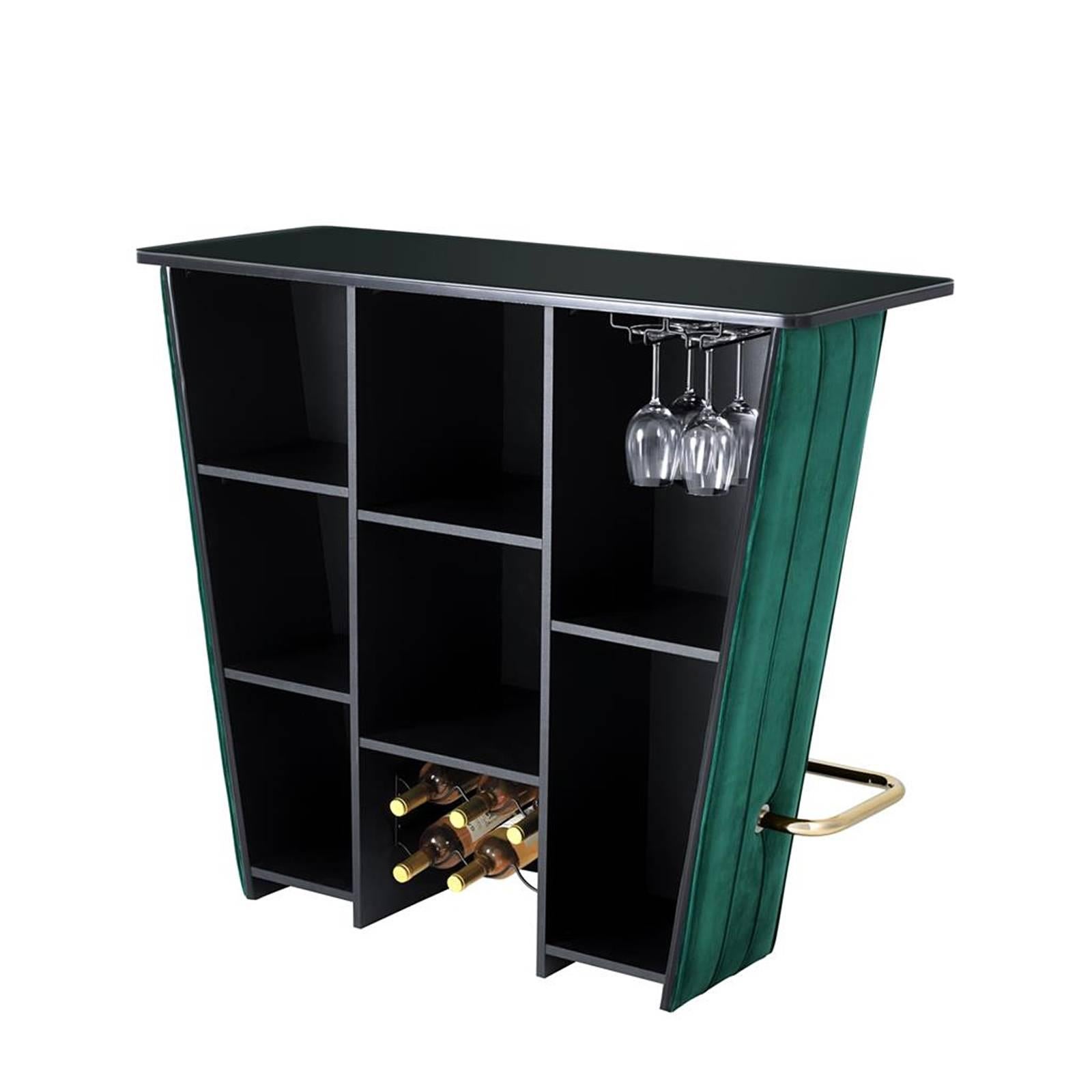 Saloon Bar in Green Velvet Fabric and Black Glass Top In Excellent Condition In Paris, FR