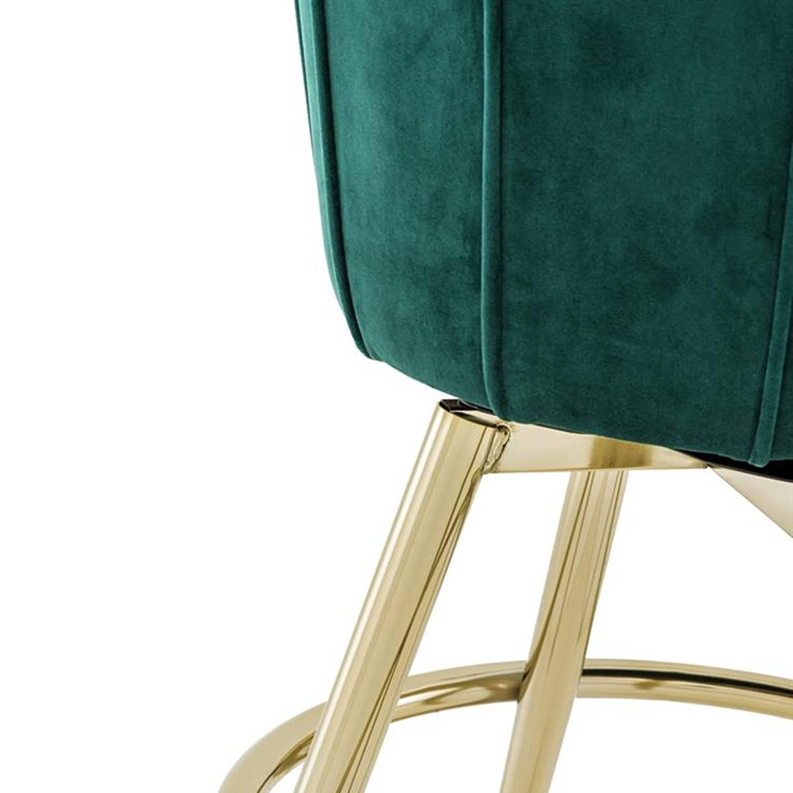 Contemporary Saloon Stool in Green Velvet Fabric and Champagne Gold Finish