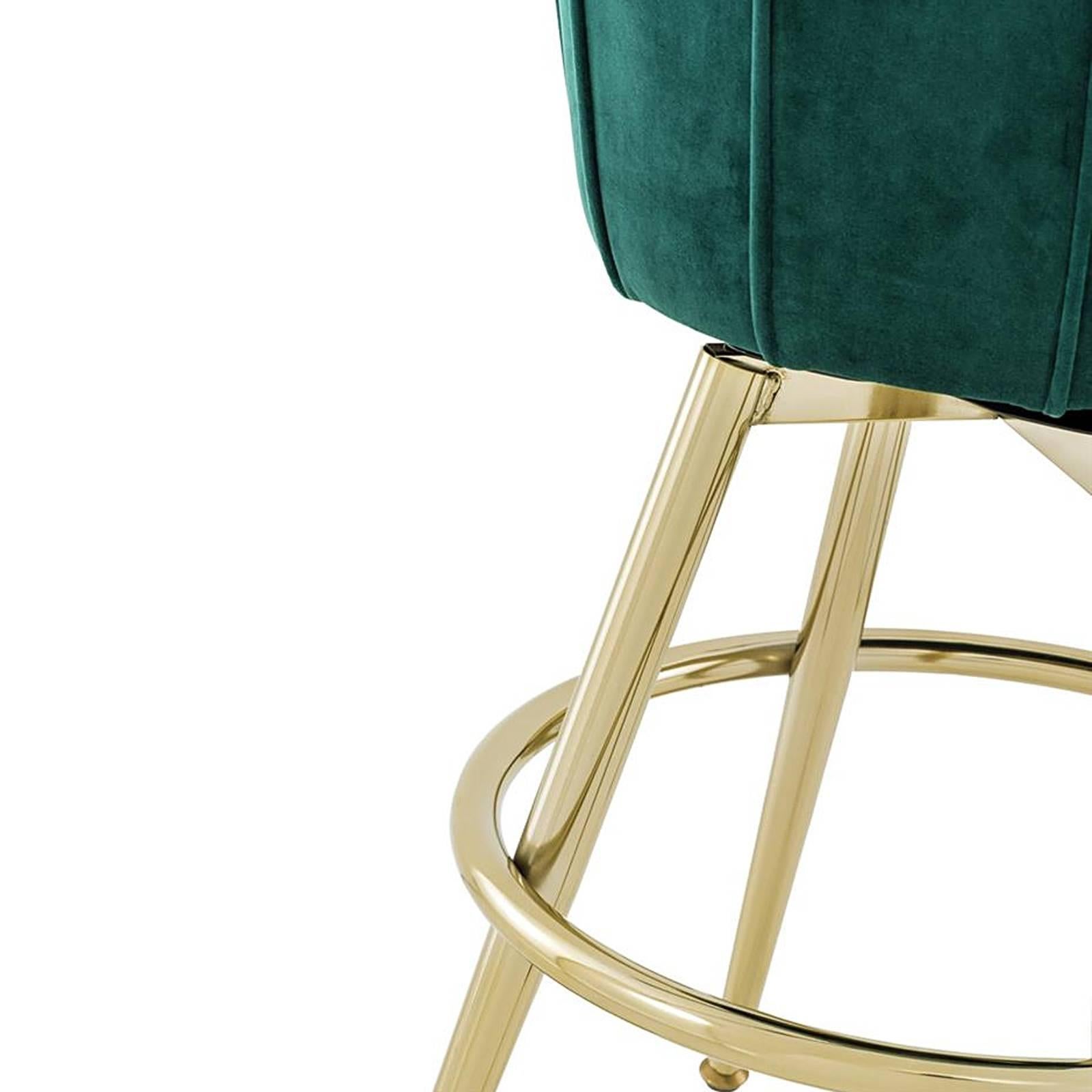Stainless Steel Saloon Stool in Green Velvet Fabric and Champagne Gold Finish