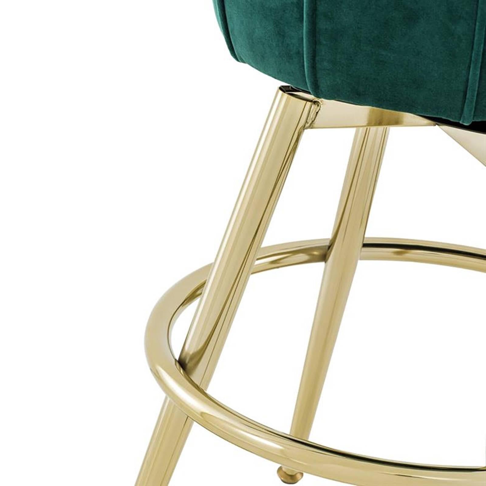 Saloon Stool in Green Velvet Fabric and Champagne Gold Finish In Excellent Condition In Paris, FR