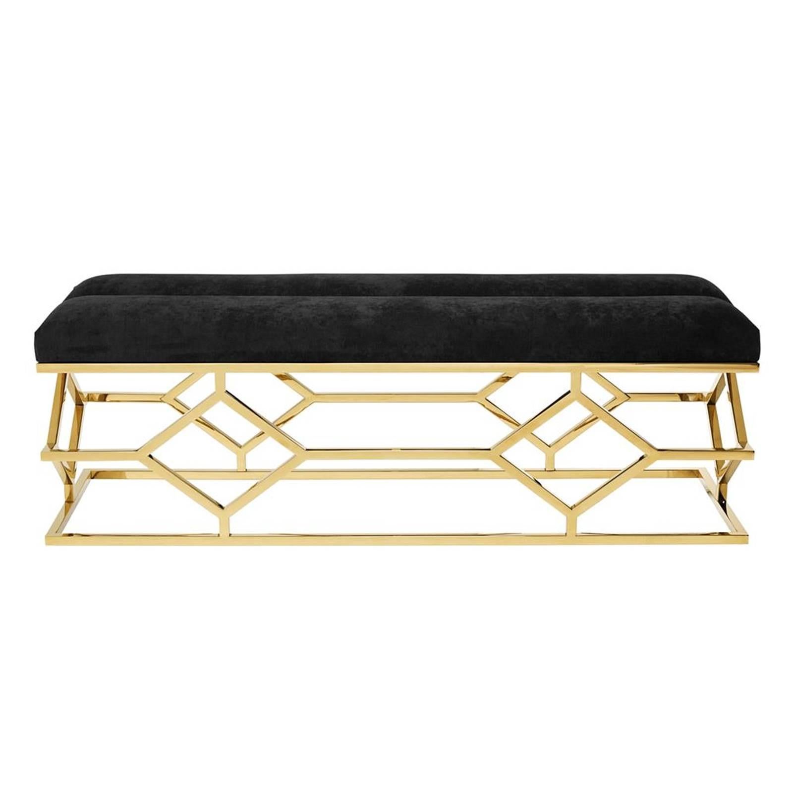 Polished Bee Bench with Black Velvet Fabric and Gold Finish