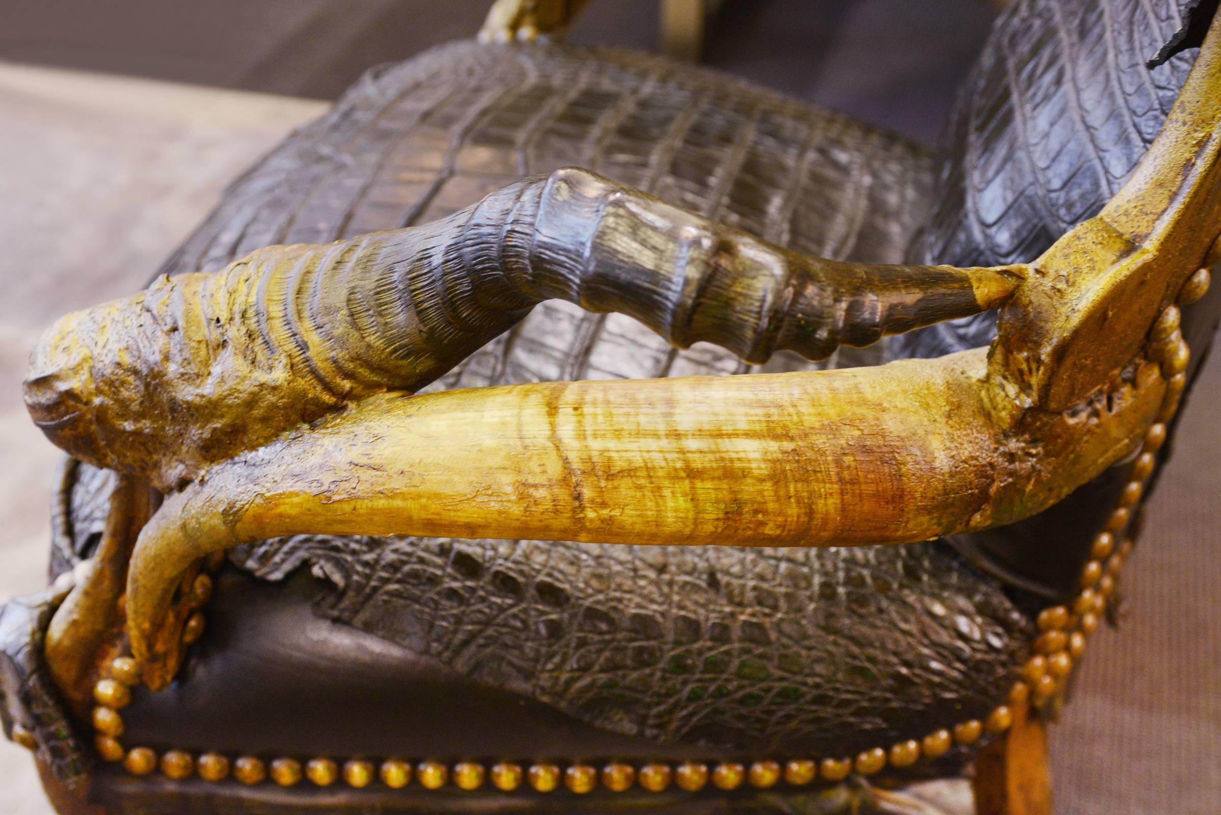 French Black Croco Armchair with Alligator Skin and Real Horns For Sale