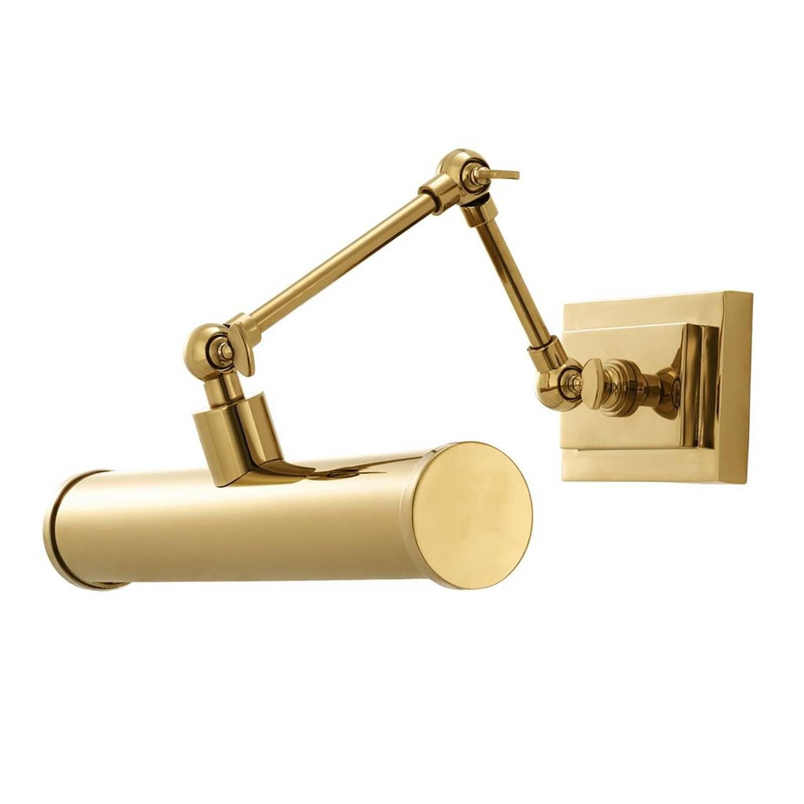 Wall lamp Dayton with structure in gold finish.
Adjustable arm. Two bulbs, lamp holder type E14,
max 40 watt. Bulbs not included.
Also available in nickel or bronze finish.

 