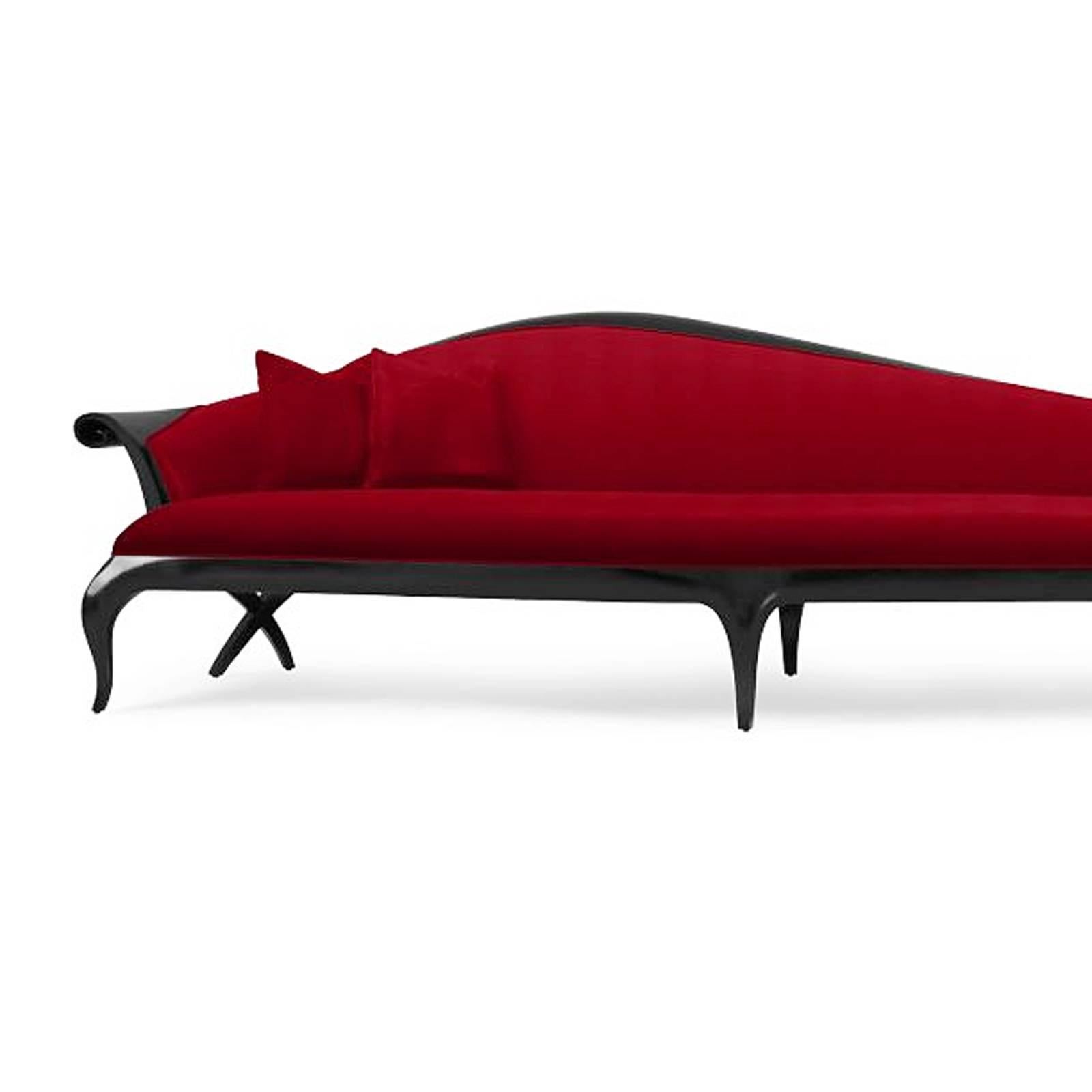 Sofa Carla extra large with structure in solid mahogany wood in
black lacquered finish. Upholstered with high quality red velvet 
fabric. Also available with different structure finishes and 
different fabric finishes, on request.
Also available on