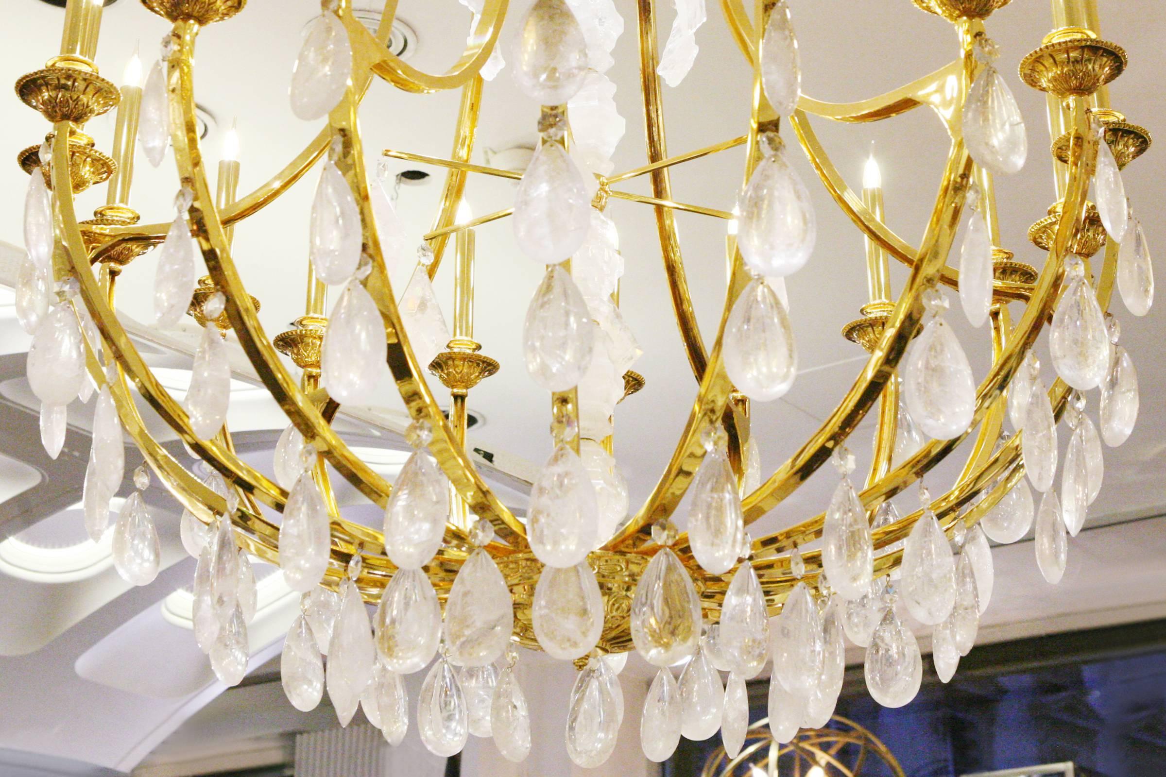 Hand-Carved Gold and Crystal Rock Chandelier with Hand-Cut Crystal Rock Pendants For Sale