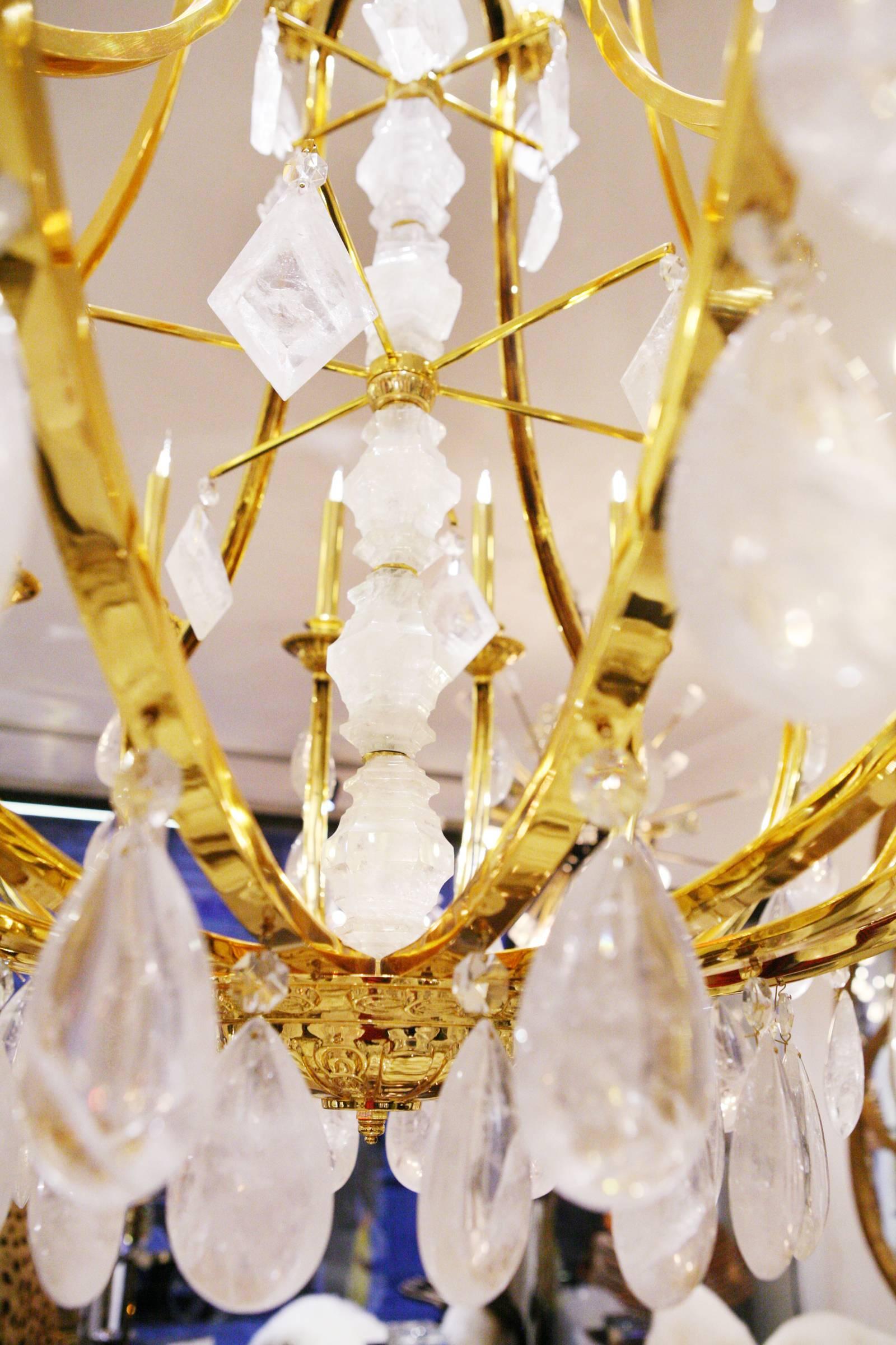 Contemporary Gold and Crystal Rock Chandelier with Hand-Cut Crystal Rock Pendants For Sale