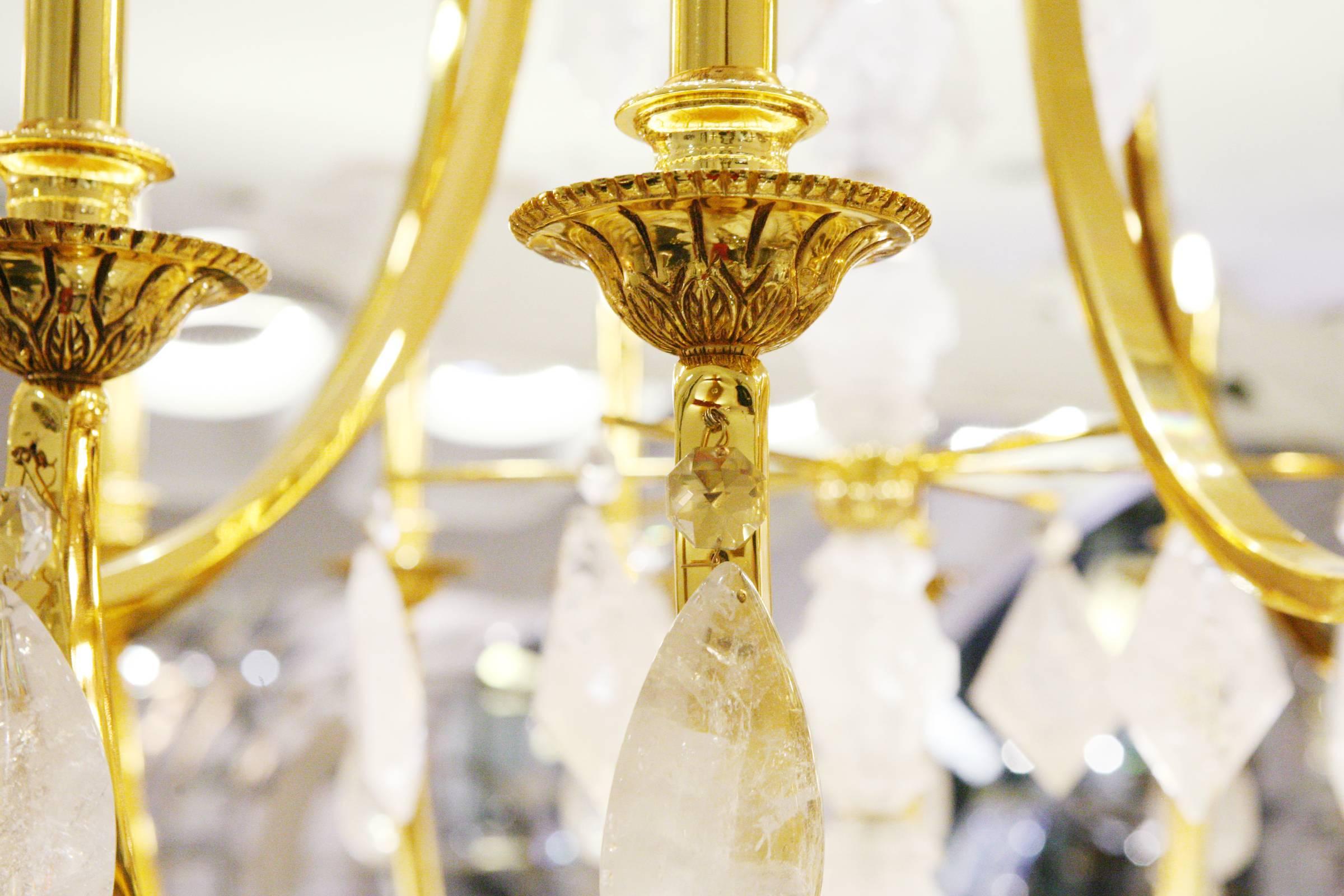 Gold and Crystal Rock Chandelier with Hand-Cut Crystal Rock Pendants For Sale 2