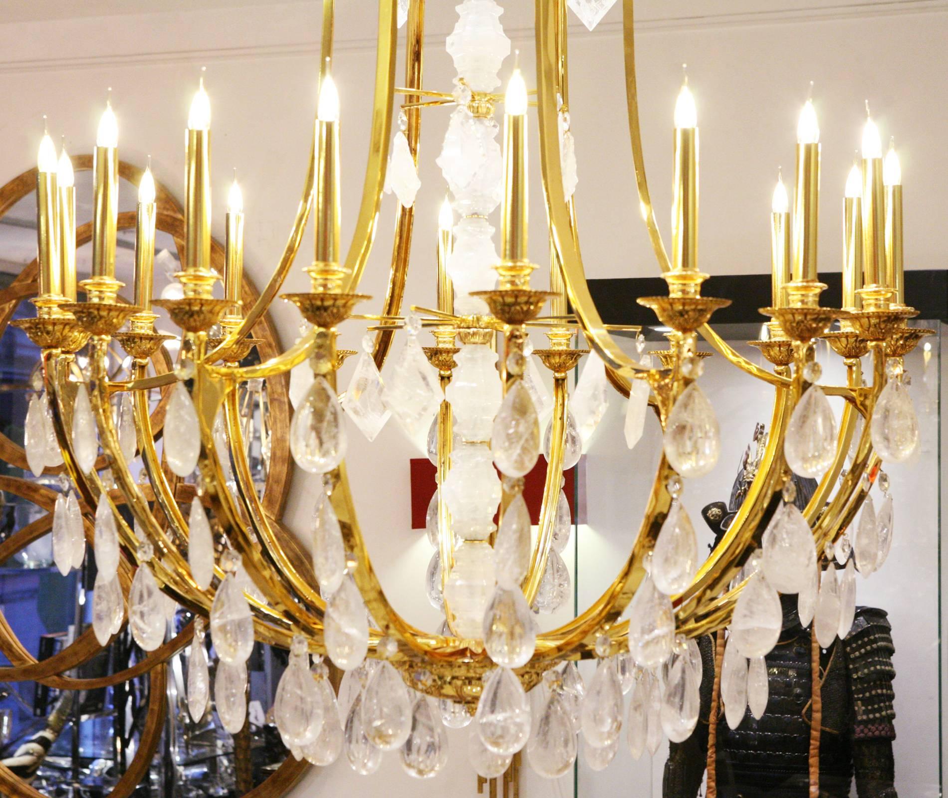 French Gold and Crystal Rock Chandelier with Hand-Cut Crystal Rock Pendants For Sale