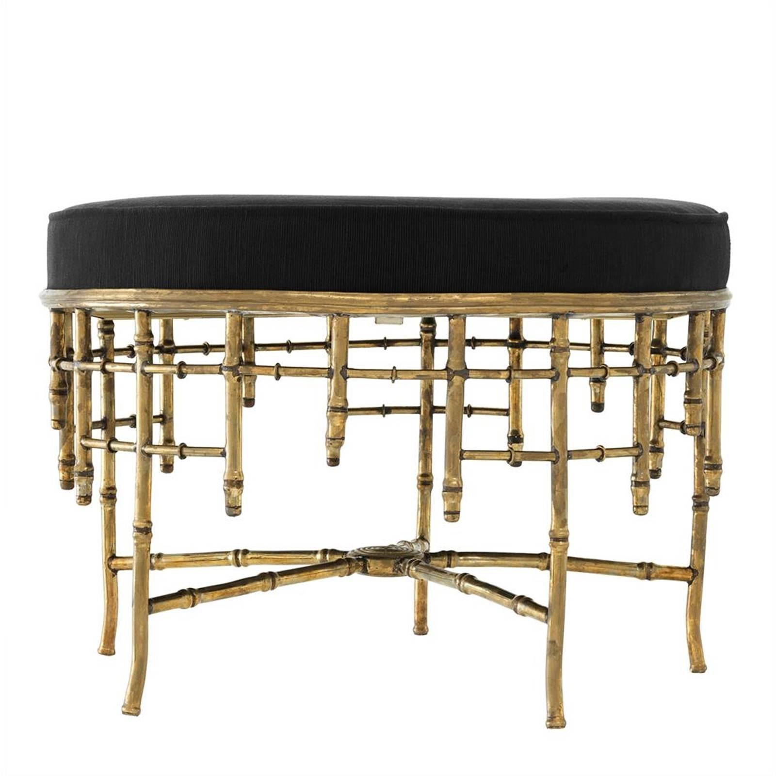 Indian Reed Large Stool in Vintage Brass Finish and Black Velvet Seat