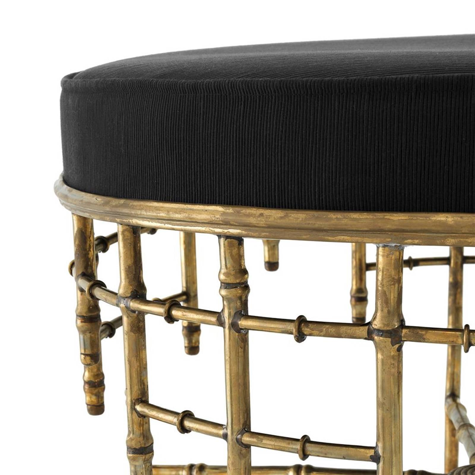 Contemporary Reed Large Stool in Vintage Brass Finish and Black Velvet Seat