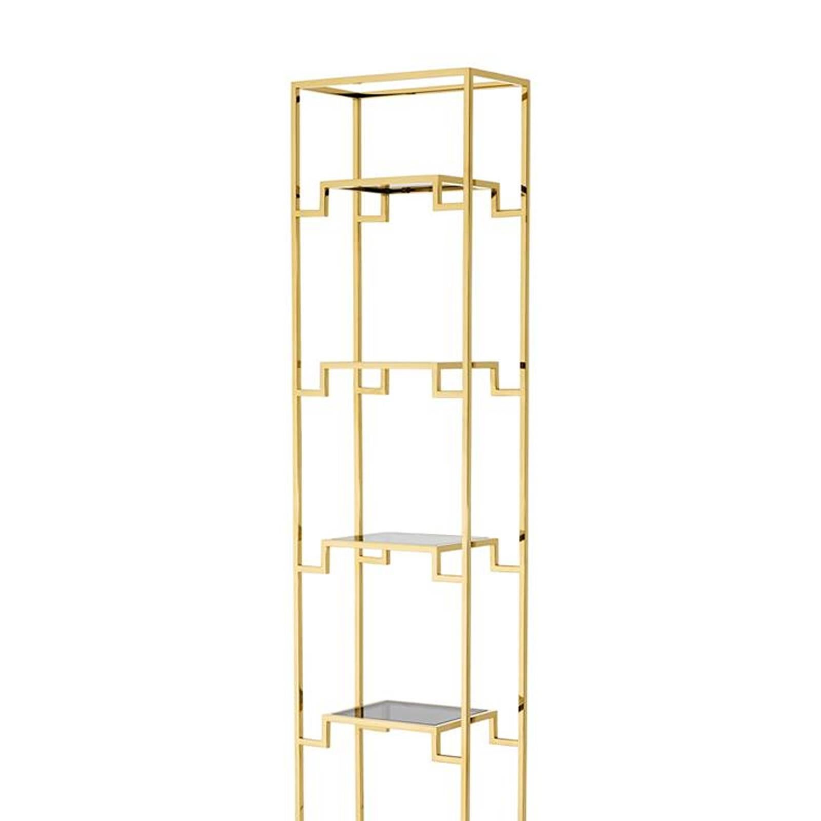 Bookshelves Stantord medium with structure in gold 
finish. With six shelves in smoked black tempered glass.
Also available in bookshelves stantord large.
