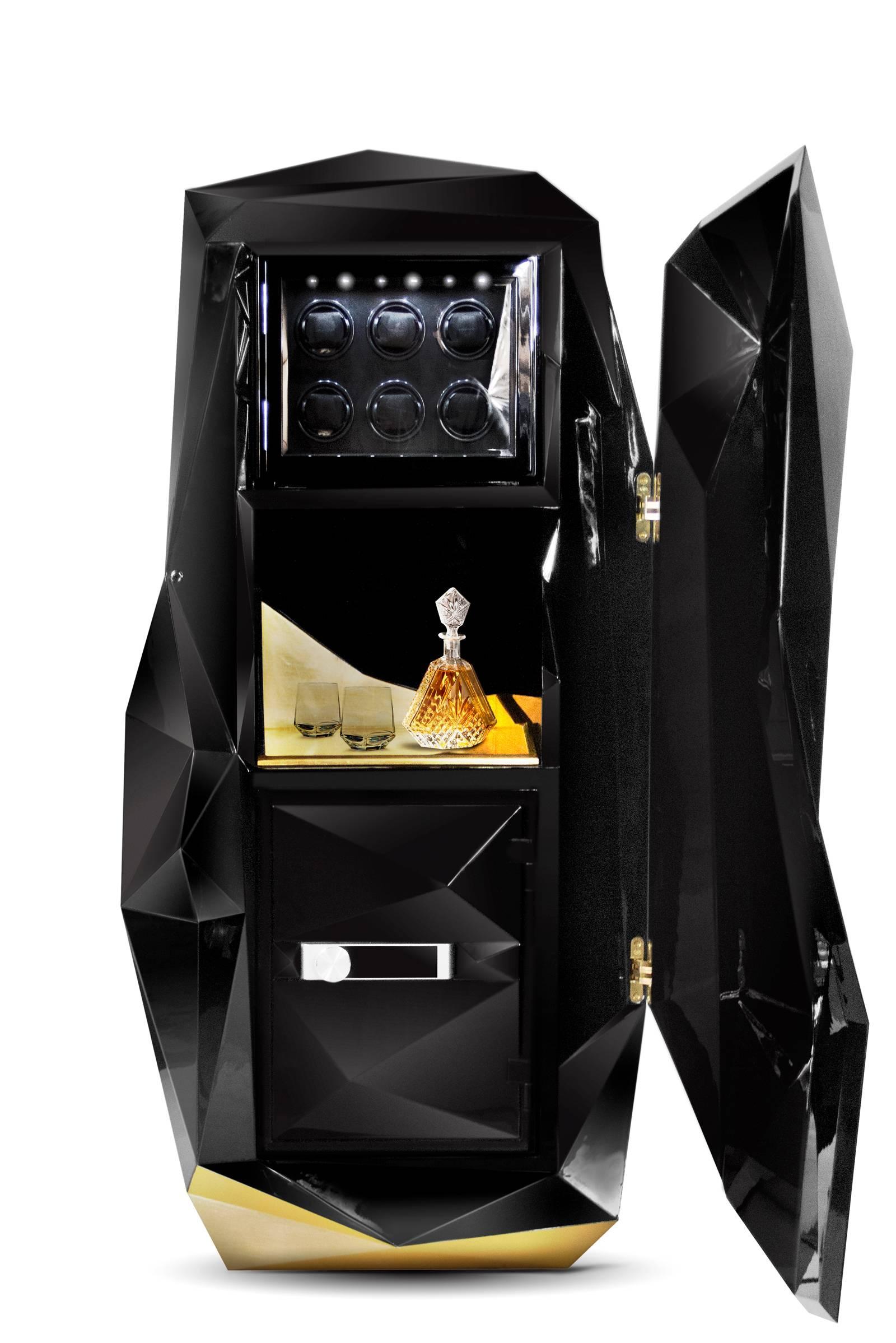 Portuguese Fortnox Safe in Black Lacquered Wood High Gloss Finish and Gold Leaf For Sale