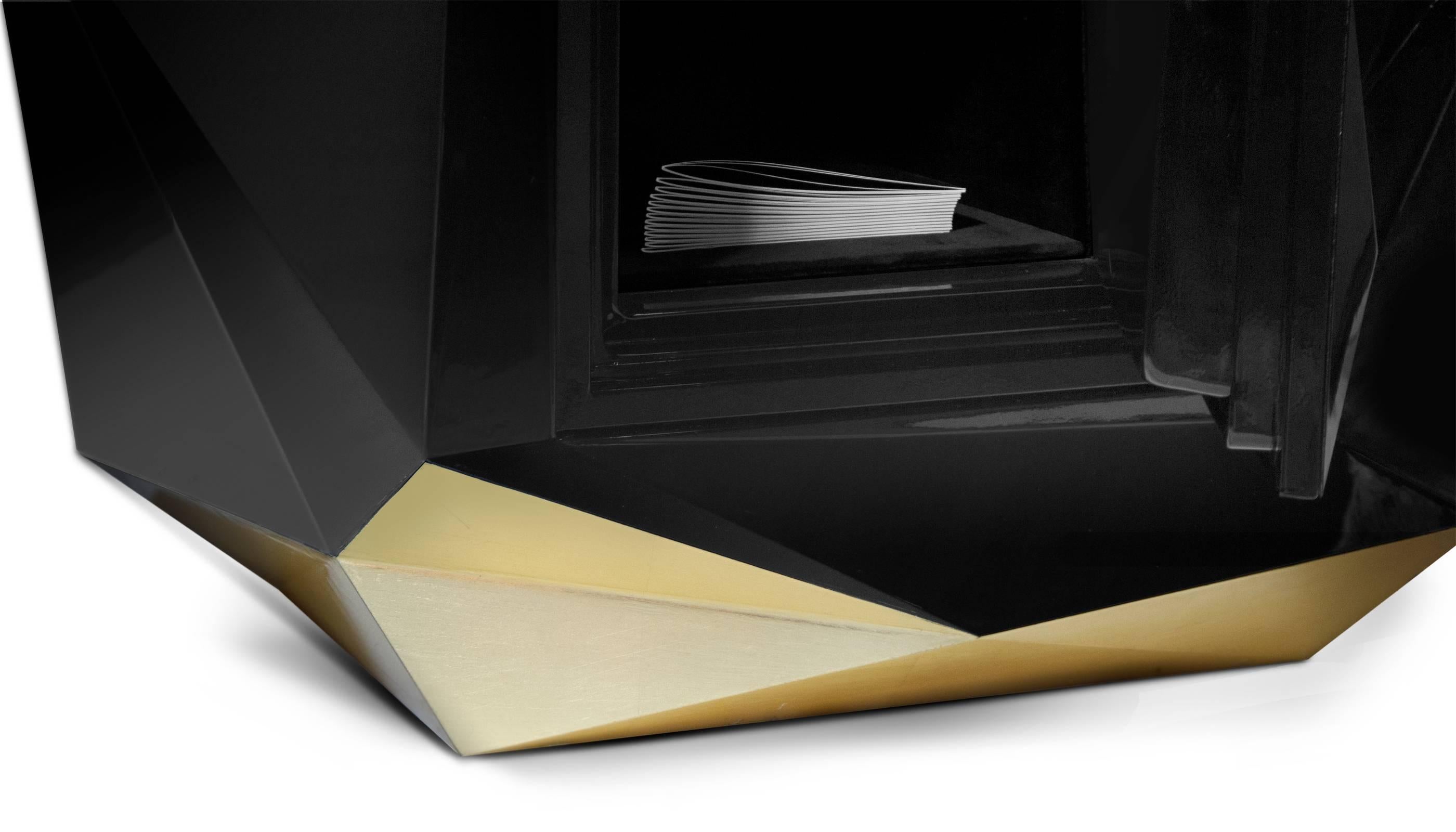 Contemporary Fortnox Safe in Black Lacquered Wood High Gloss Finish and Gold Leaf For Sale