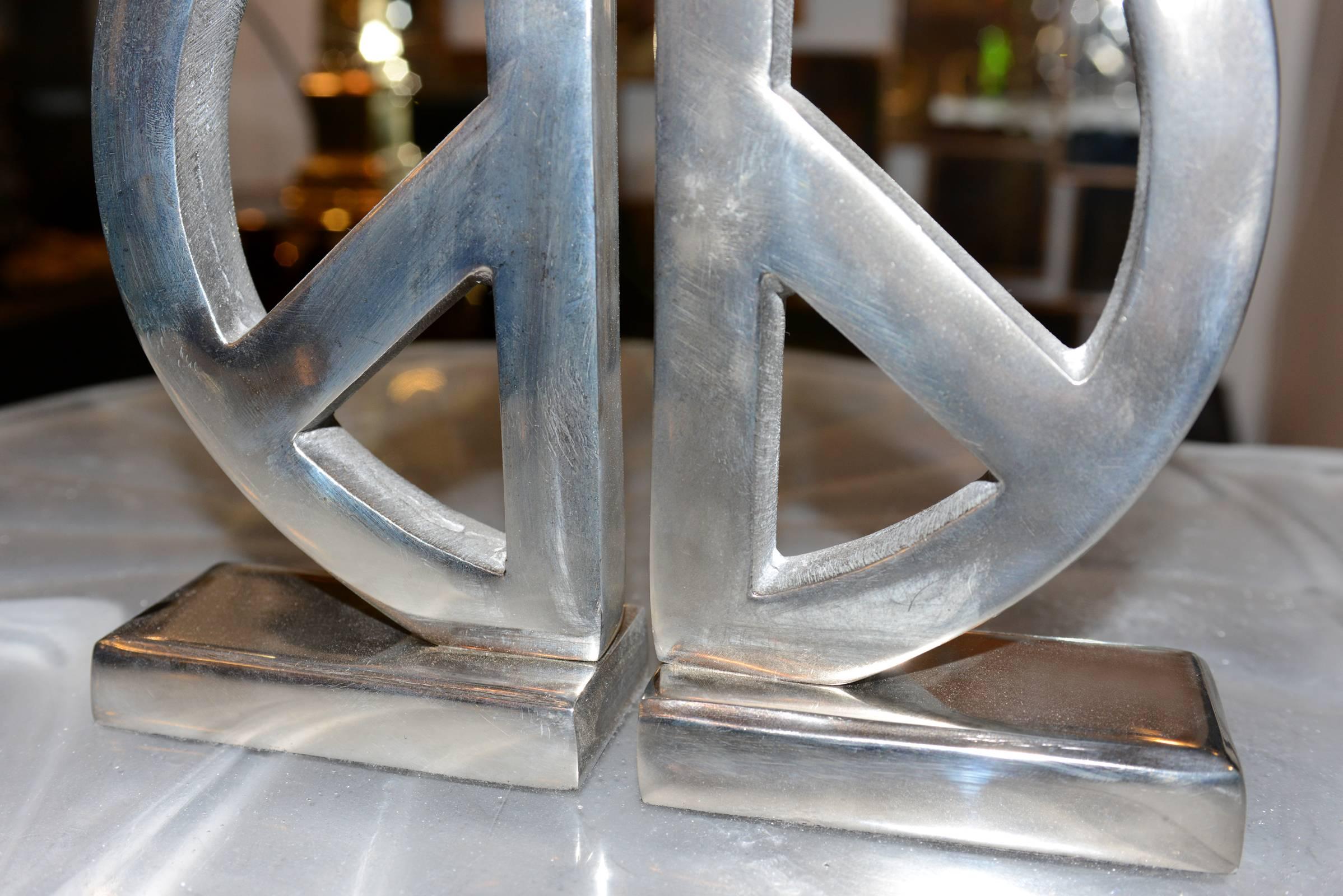 Contemporary Peace and Love Set of Two Bookends in Aluminium