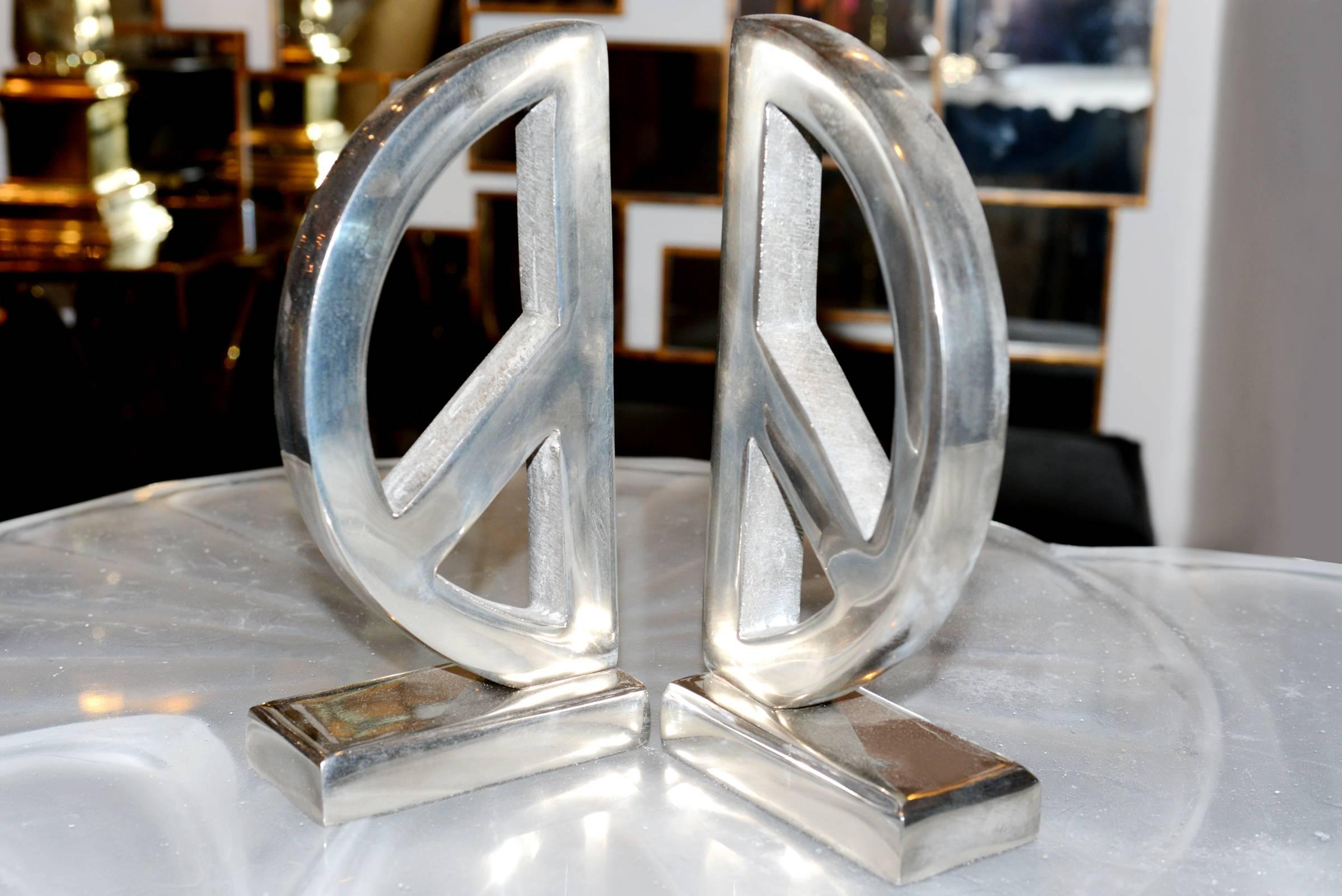 Polished Peace and Love Set of Two Bookends in Aluminium
