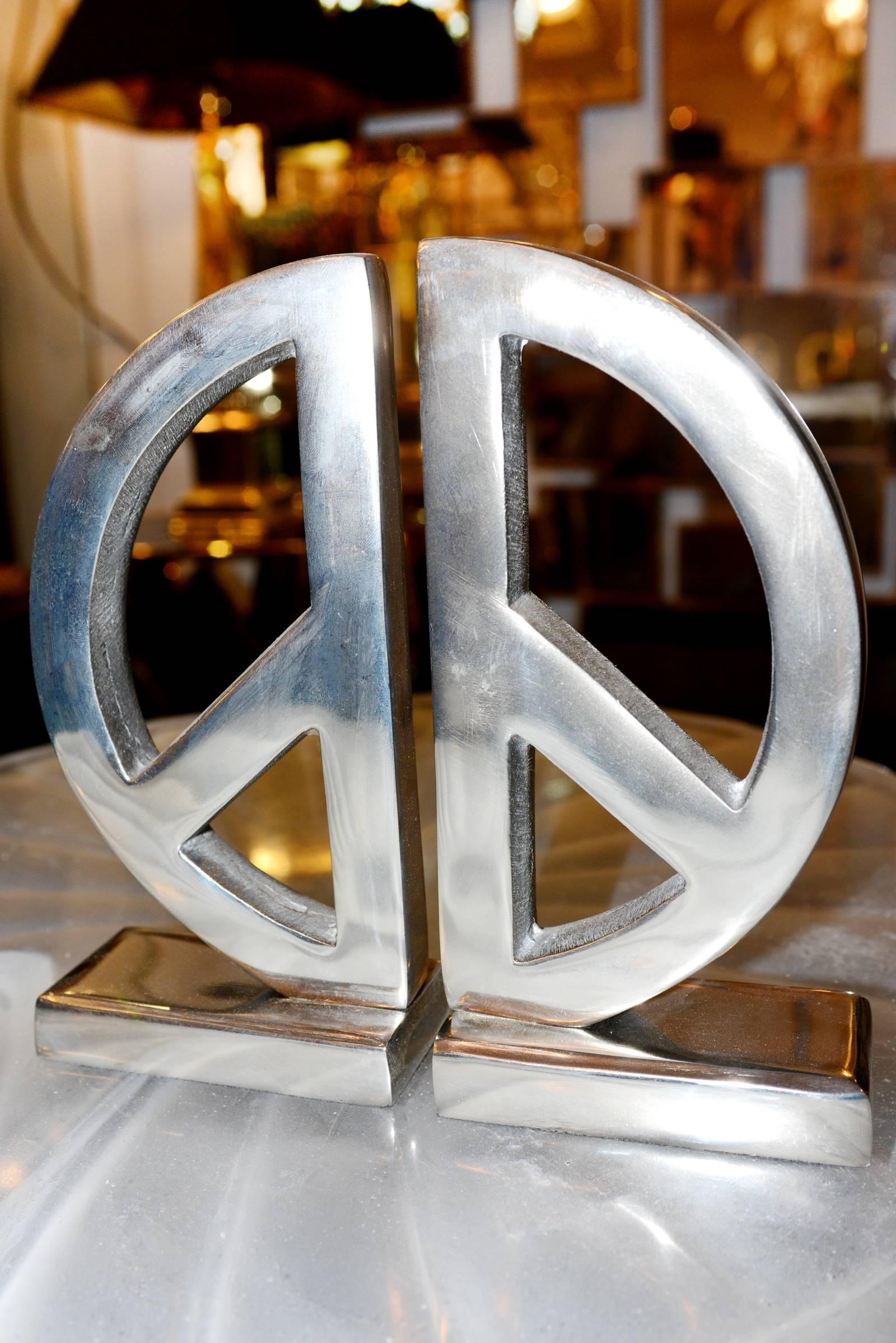 French Peace and Love Set of Two Bookends in Aluminium