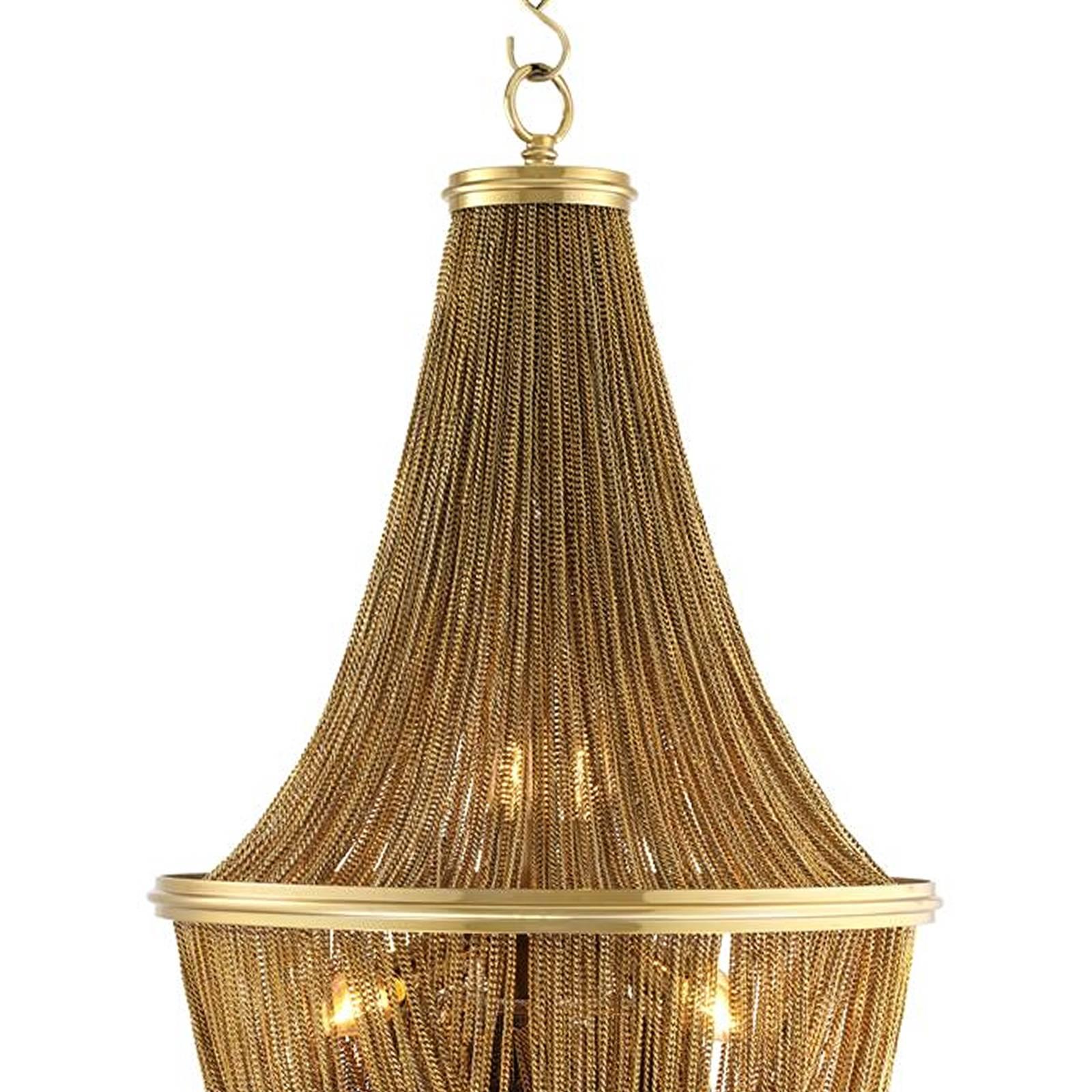 Round chandelier Grand Hotel with structure in 
gold tones finish. With gold tones hanging chains.
Six bulbs, lamp holder type E14, max 40 watt. Bulbs
not included. Adjustable chain: 100cm.
Also available in nickel finish.
Also available in