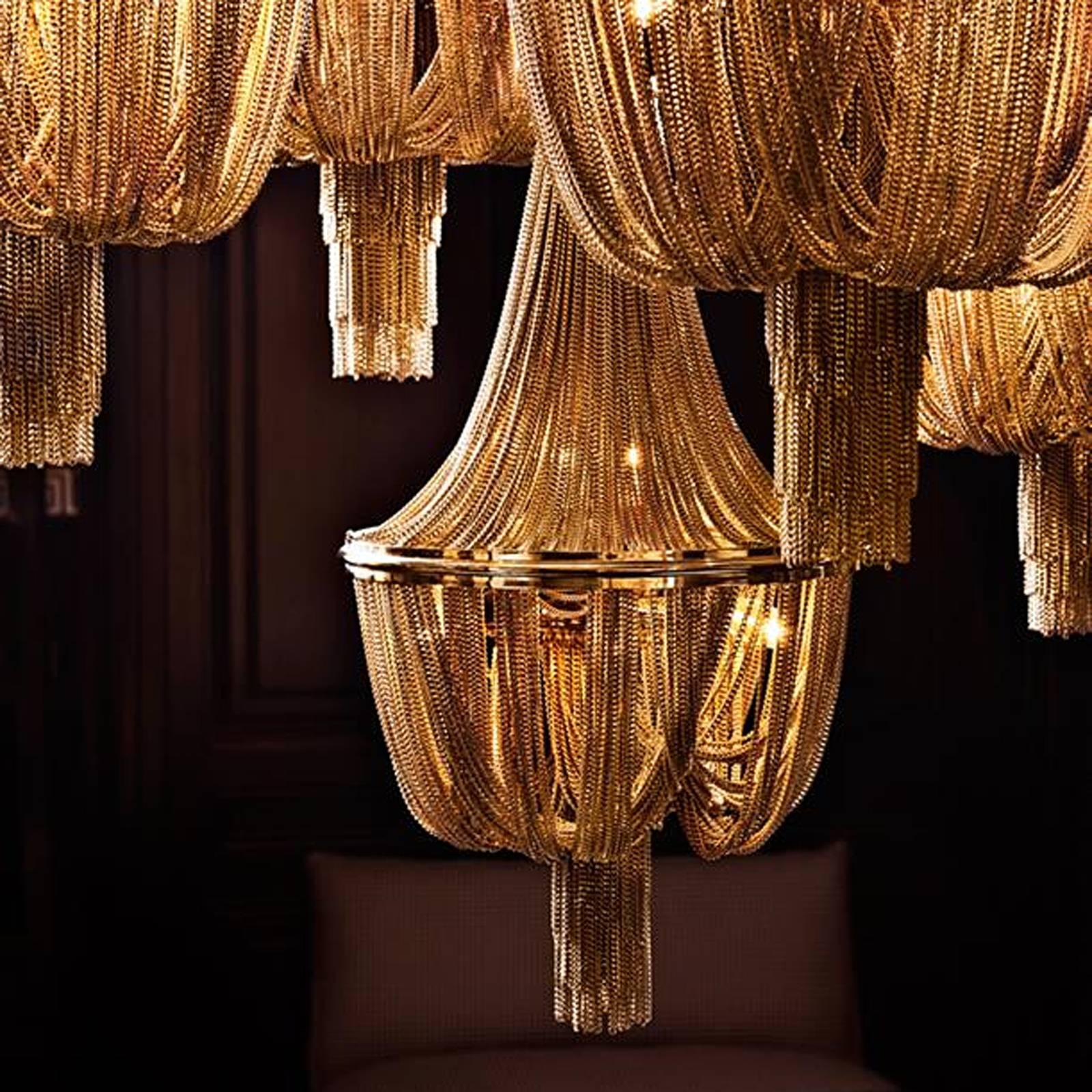 Indian Grand Hotel Round Chandelier with Hanging Chains in Gold Tones or Nickel Finish
