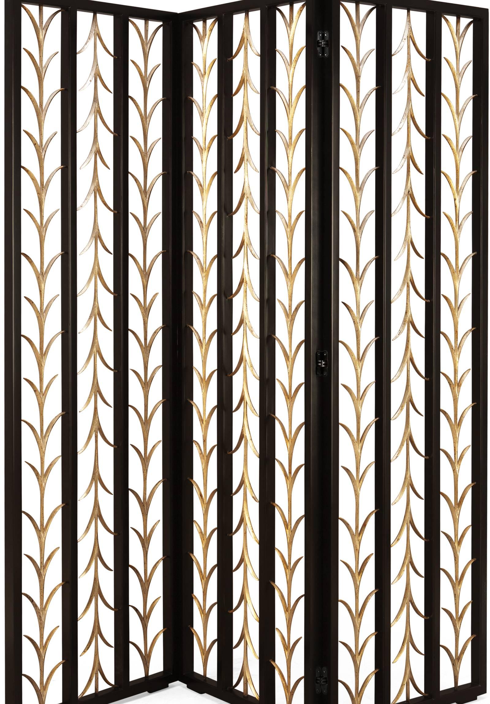 Forgiato Paravento Feathers in ferro satinato nero forgiato e finitura argento dorato in vendita