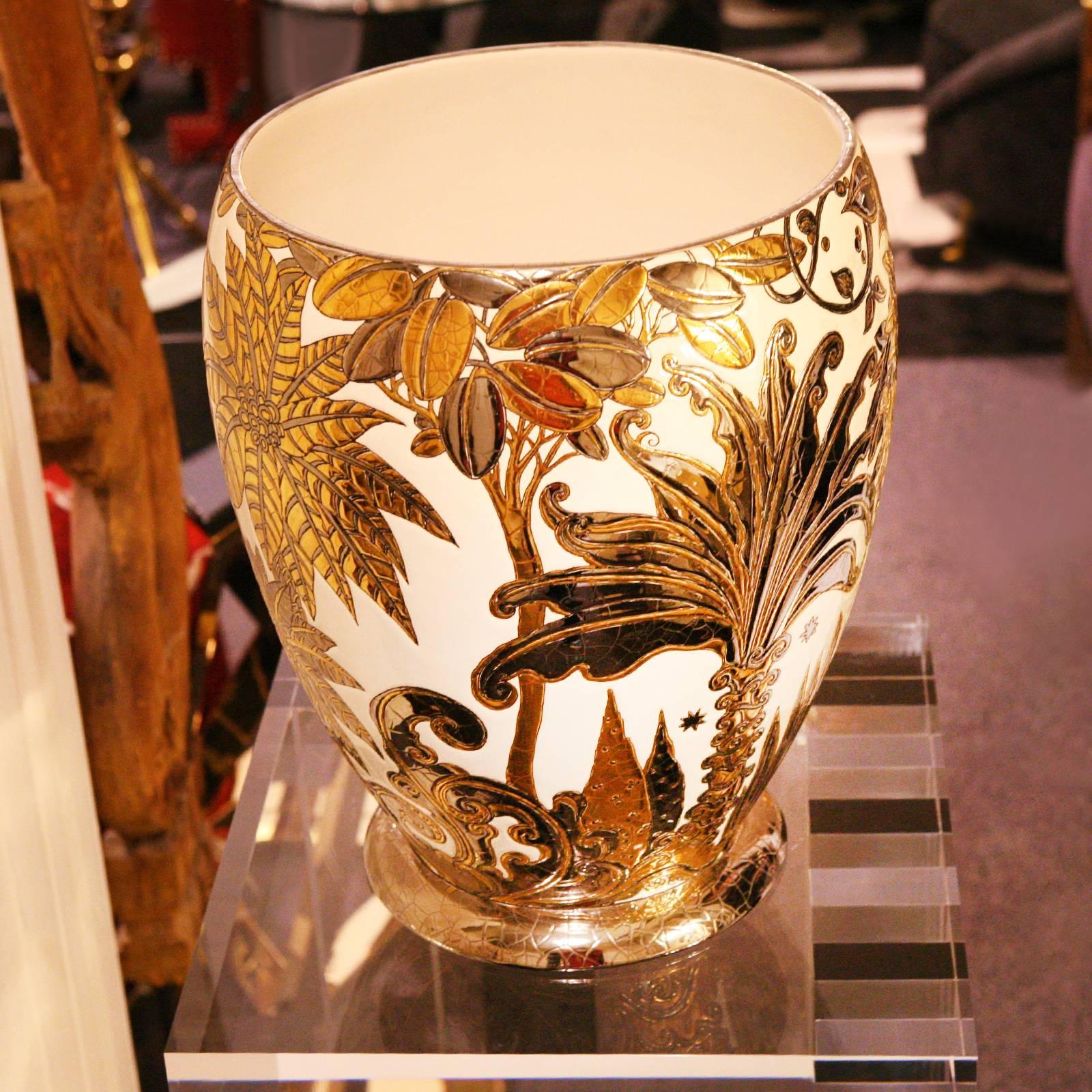 Contemporary Palmers White and Gilded Vase Emaux de Longwy Limited Edition For Sale