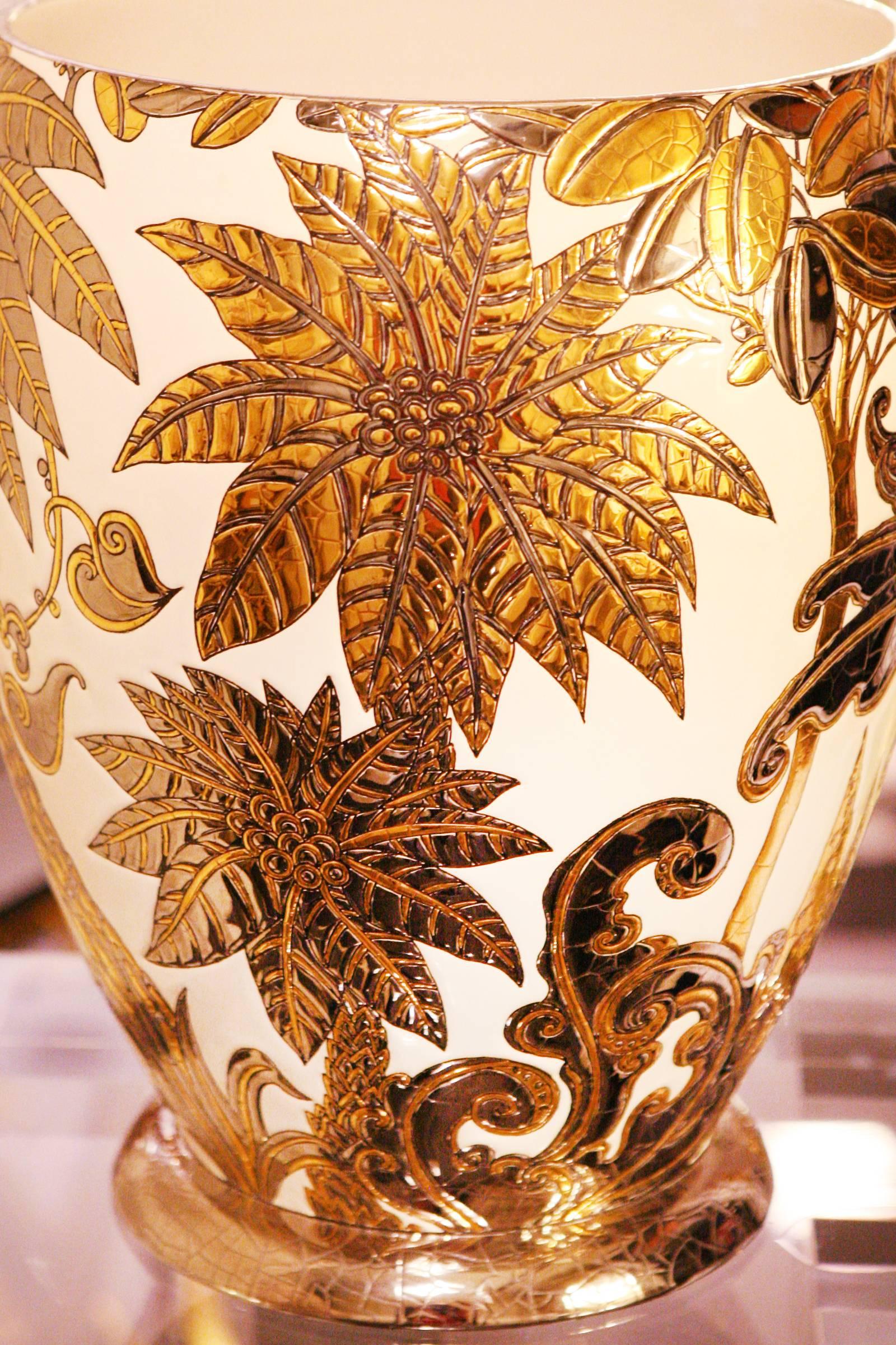 Earthenware Palmers White and Gilded Vase Emaux de Longwy Limited Edition For Sale