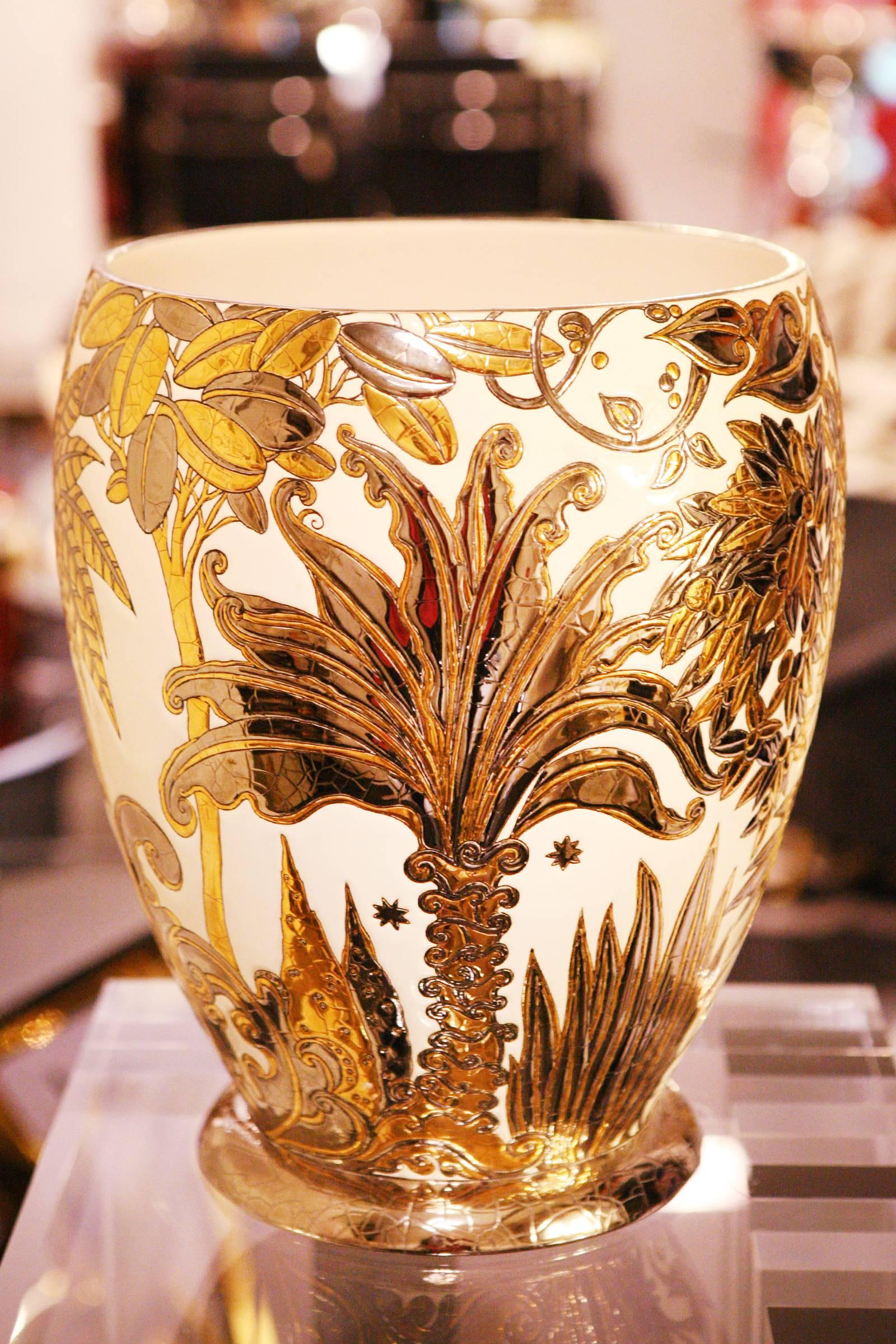 Hand-Crafted Palmers White and Gilded Vase Emaux de Longwy Limited Edition For Sale