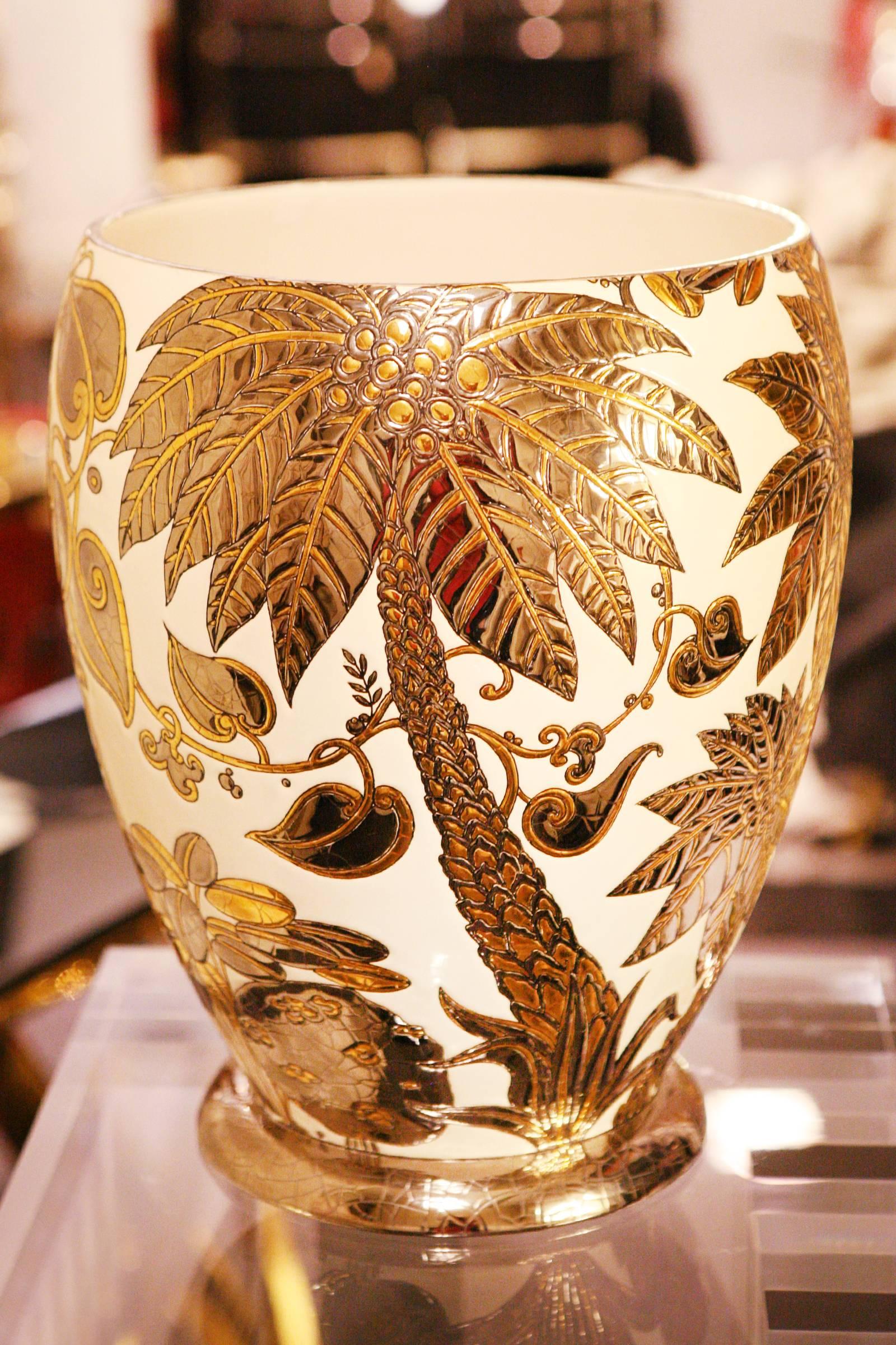 French Palmers White and Gilded Vase Emaux de Longwy Limited Edition For Sale