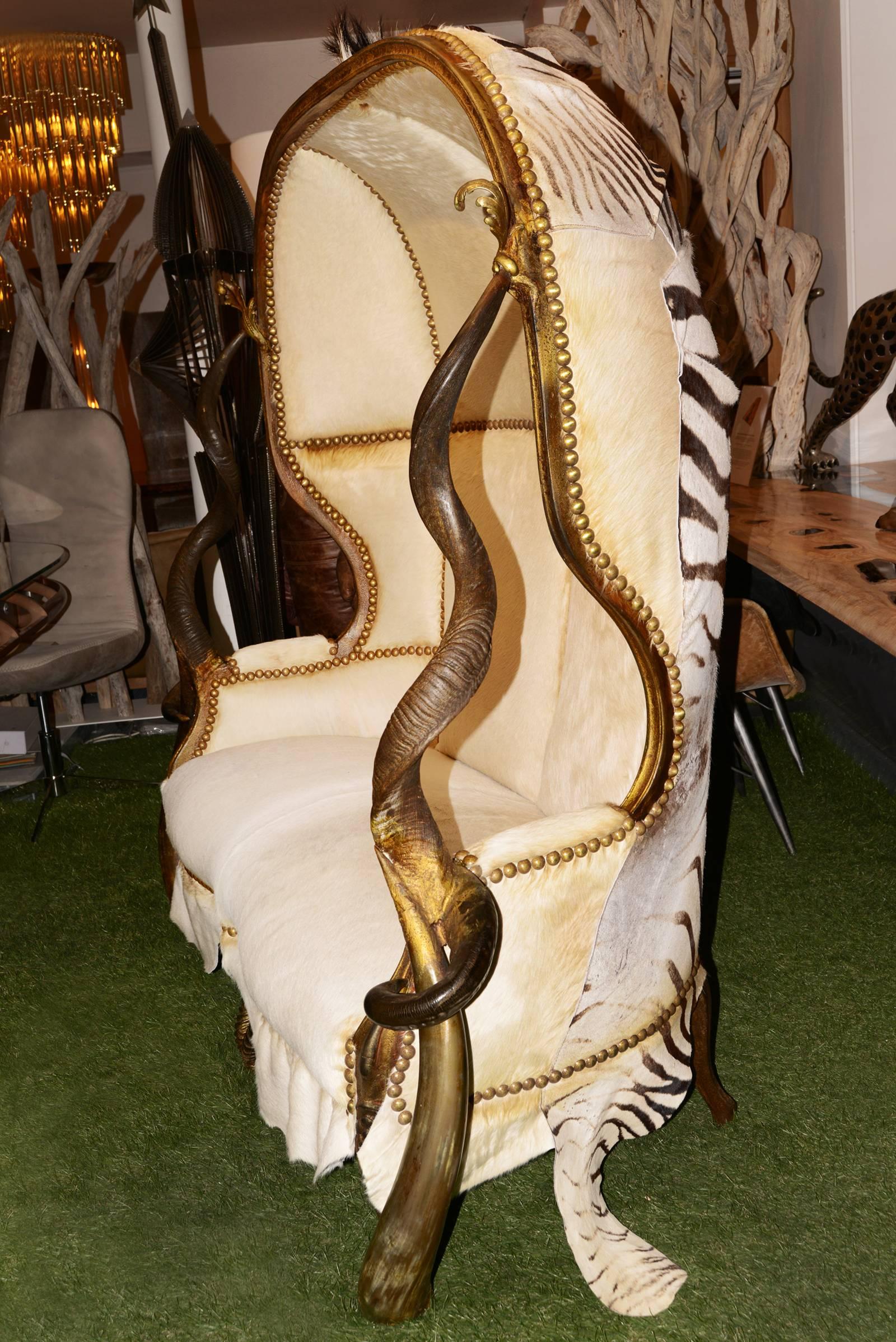 Hand-Crafted Grand Zebra Two-Seat Sofa with Zebra Skin and Real Horns