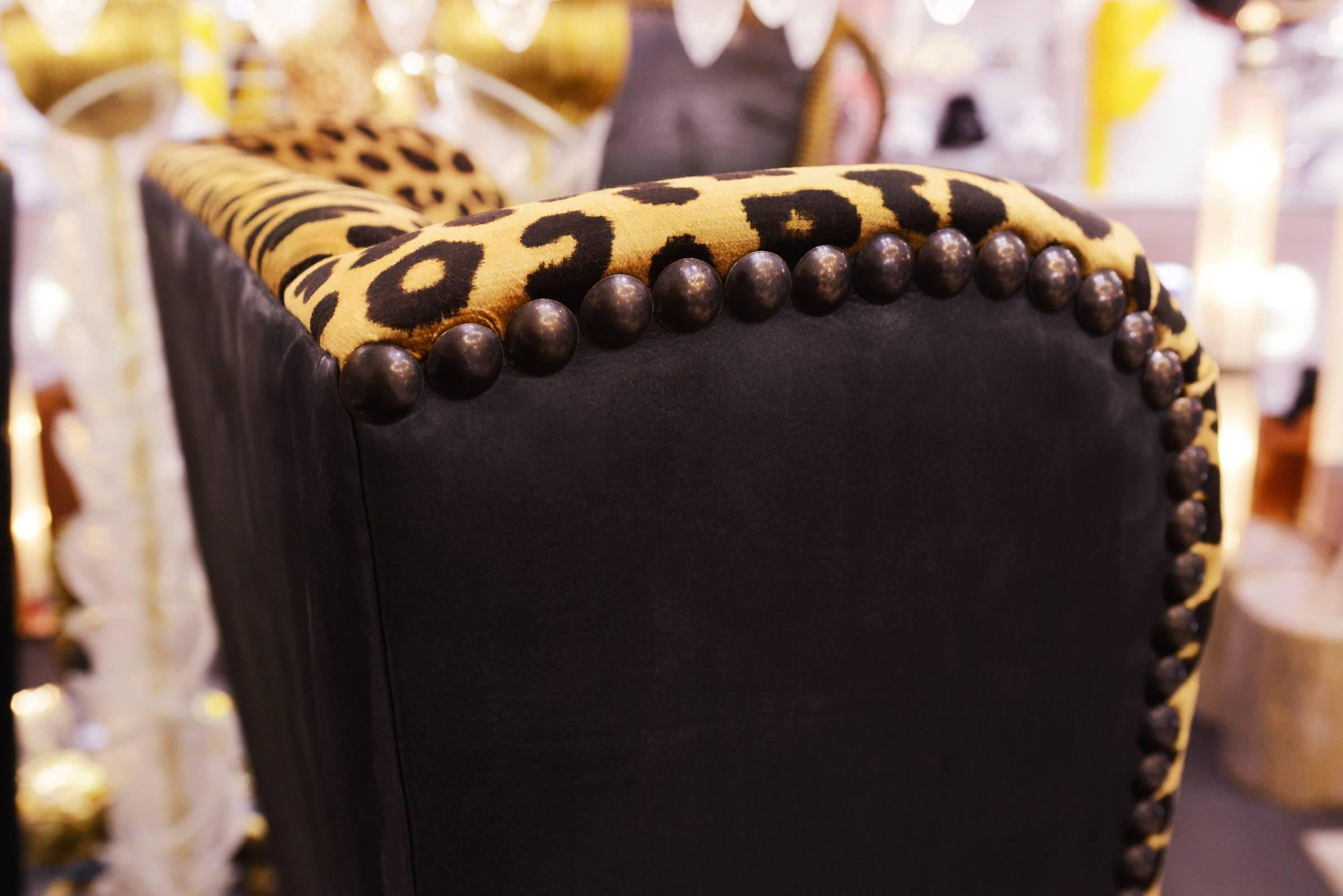 Spanish Leopard Armchair with Black Nubuck Leather and Velvet Fabric For Sale