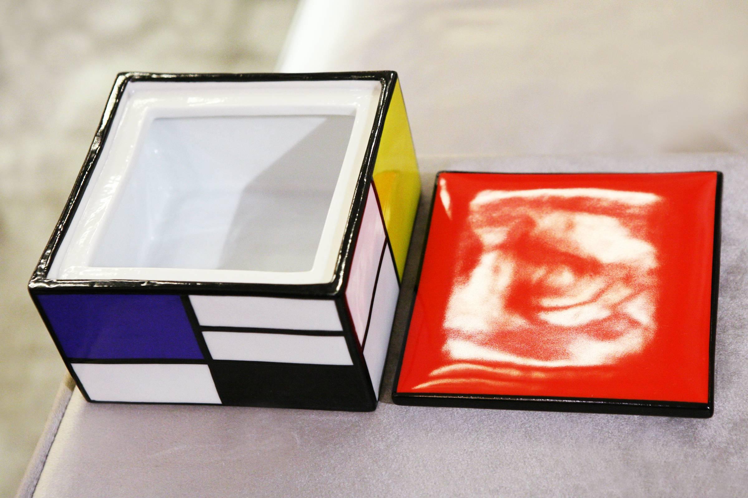 Hand-Painted Mondrian Style Box in Porcelain