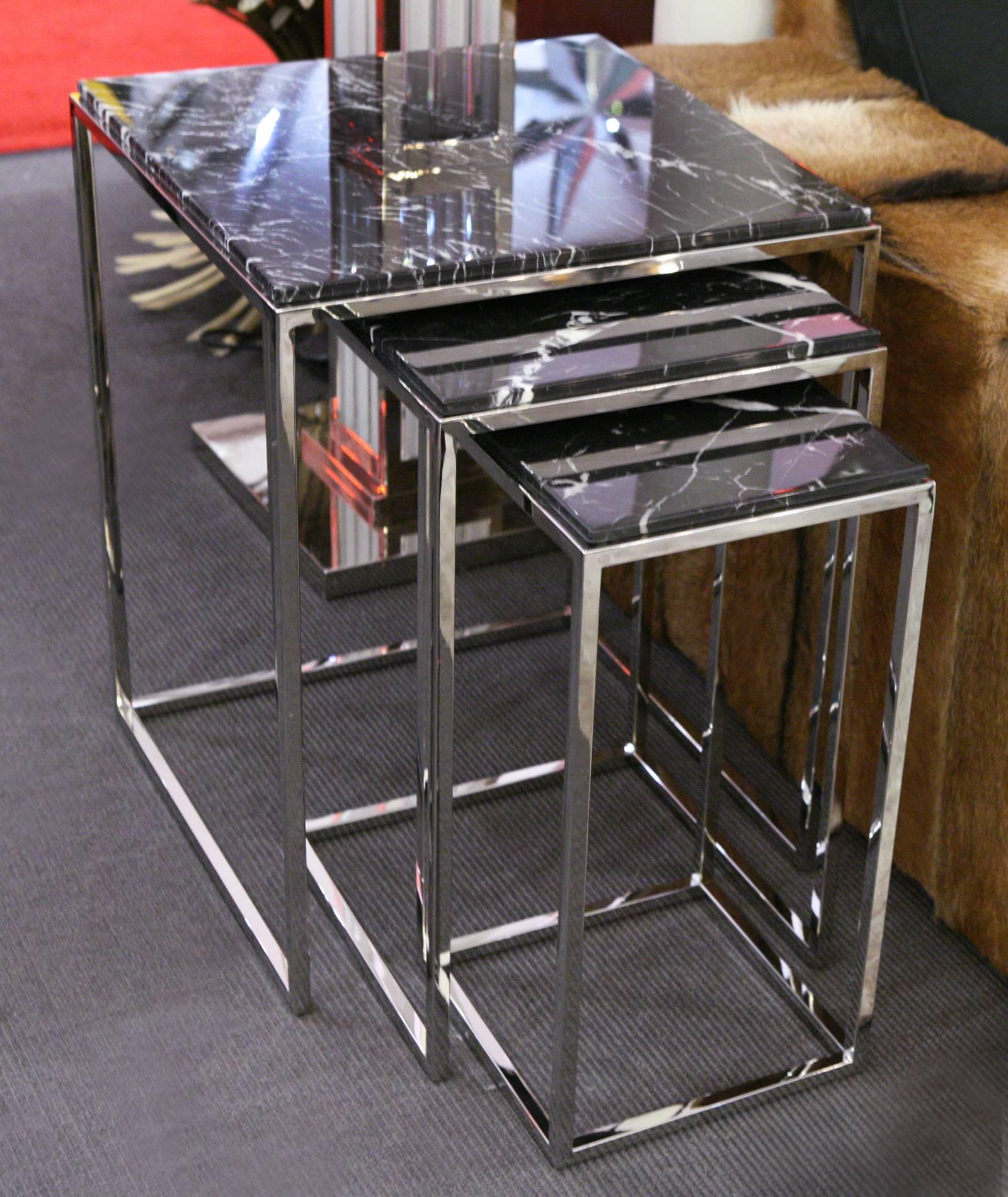 Blackened Trinita Side Table Set of Three with Black Marble Top