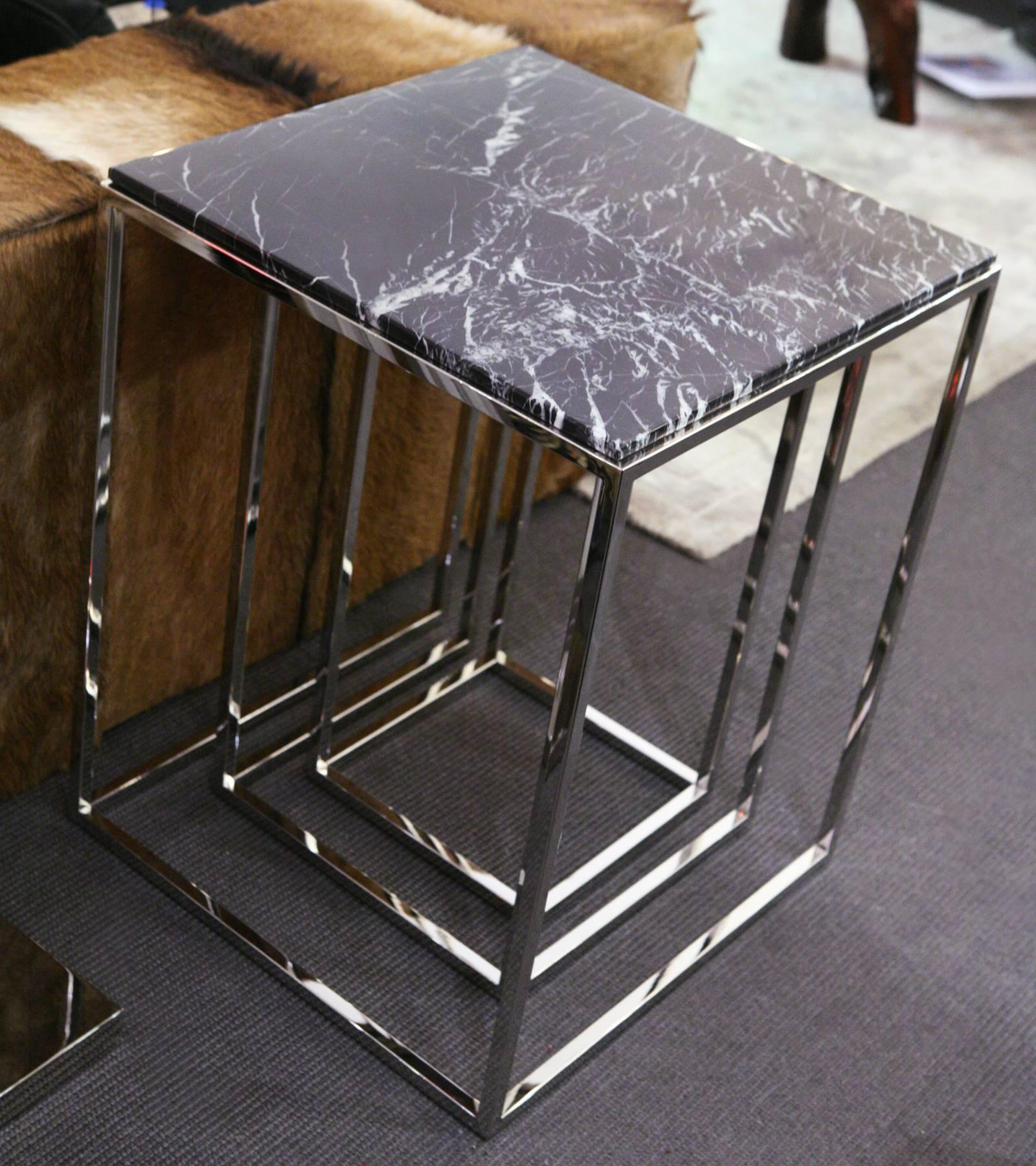 Contemporary Trinita Side Table Set of Three with Black Marble Top