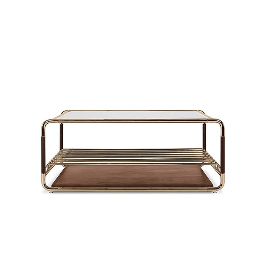 Coffee Table Goldfinger with structure in polished 
glossy Brass. With Clear glass up top and solid walnut
down top. Also available in TV Table. Also available in 
other finishes on request.
 