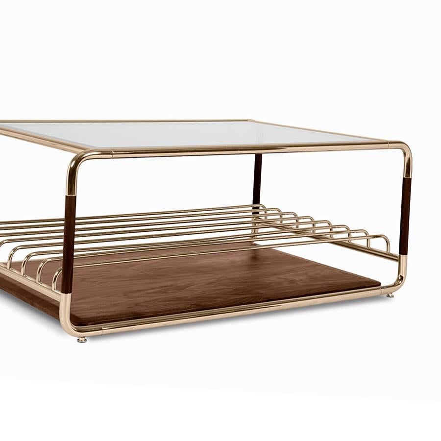 Contemporary Goldfinger Coffee Table With Polished Brass and solid Walnut For Sale