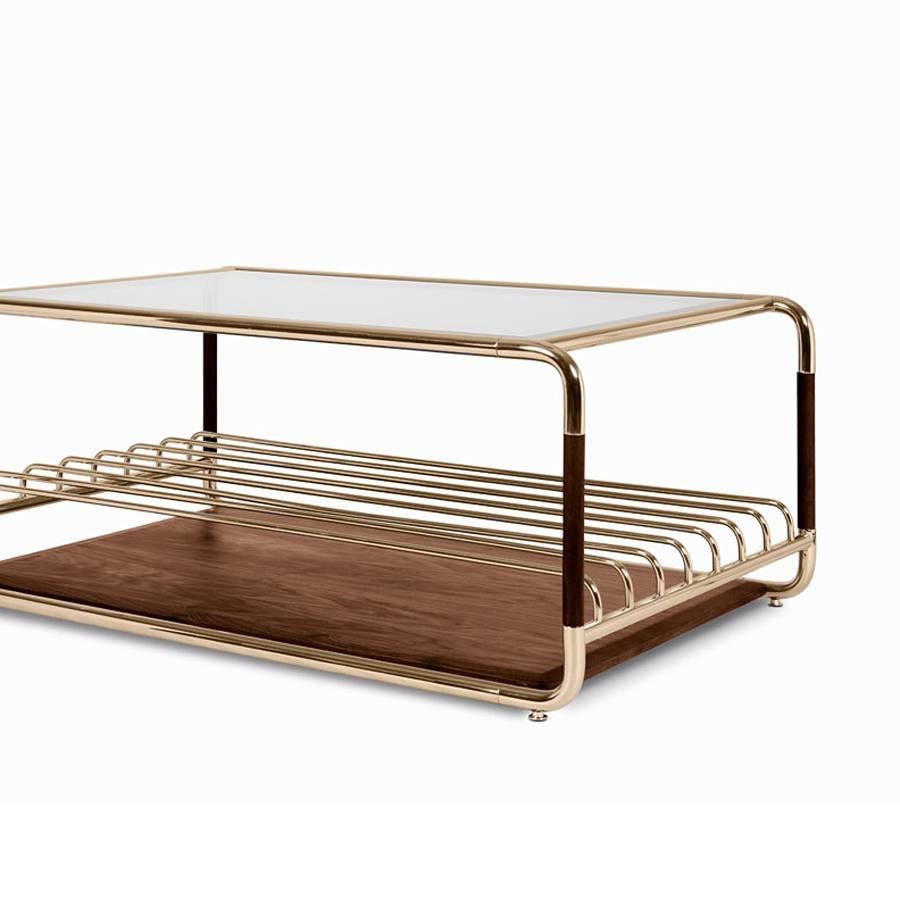 Hand-Crafted Goldfinger Coffee Table With Polished Brass and solid Walnut For Sale