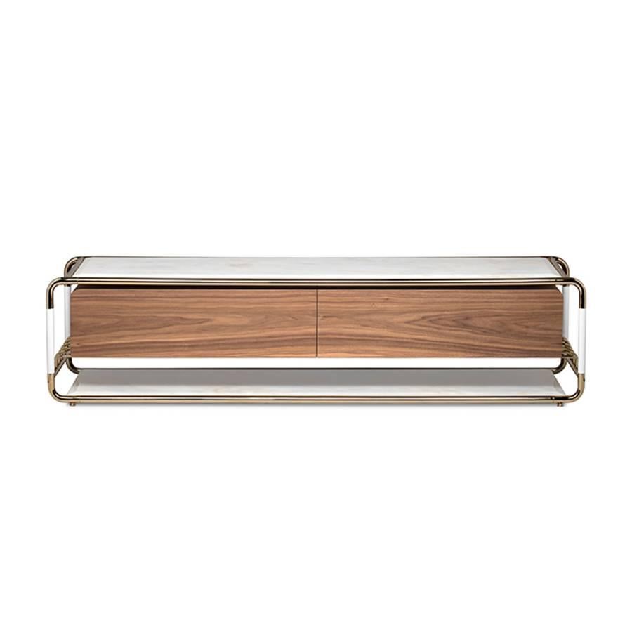 Coffee Table Goldfinger with structure in solid walnut.
With frame in polished brass. Up and down top in solid
white beveled marble. With 2 long lenght drawers.
Also available in Coffee Table Table. Also available in 
other finishes on request.
 