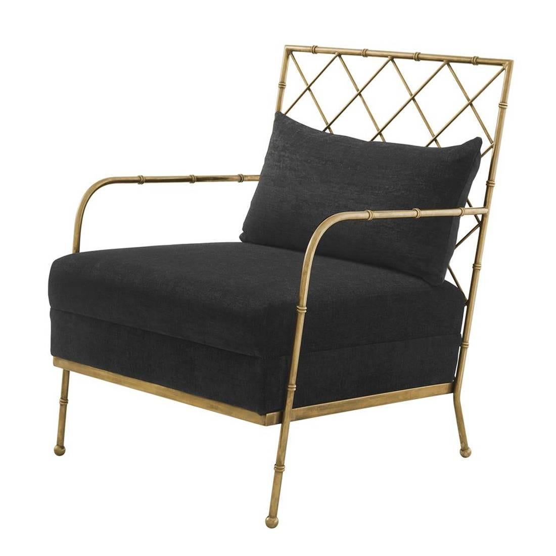 Tropic Armchair with black velvet fabric in Brass or Nickel Finish