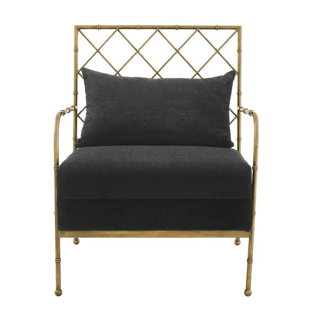 Indian Tropic Armchair with black velvet fabric in Brass or Nickel Finish