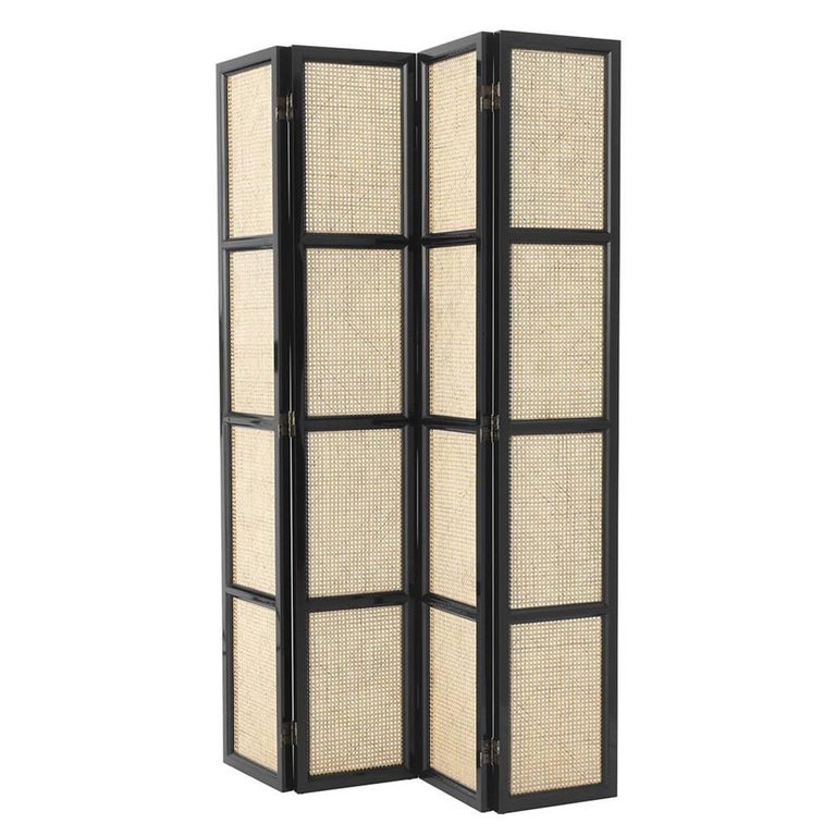 Evora Folding Screen in Black Lacquered Solid Mahogany Wood For Sale at