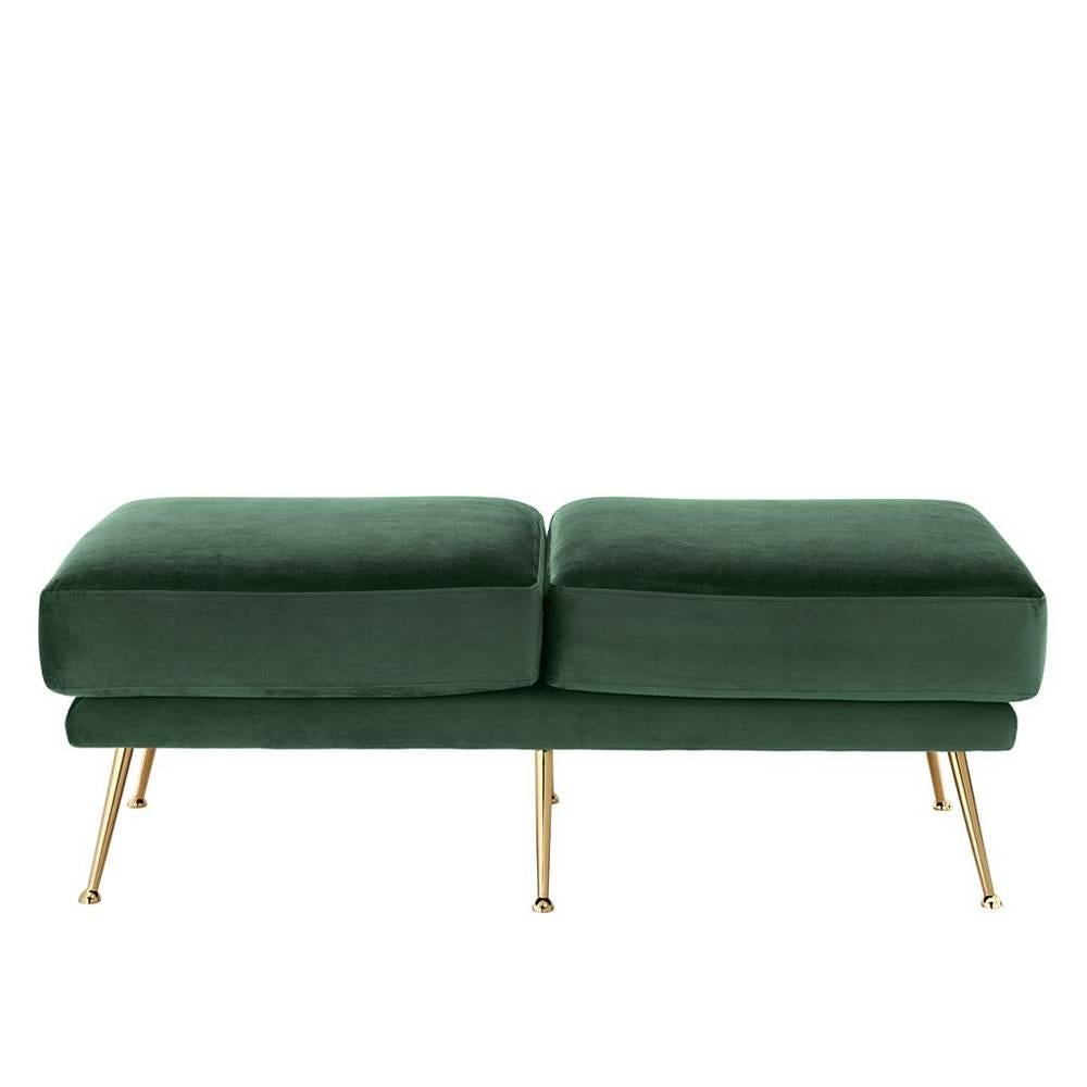 Bench coste green with structure in solid wood
and stainless steel. Upholstered with blue velvet
fabric. With polished brass feet.
Also available in coste grey or coste Blue Bench.
