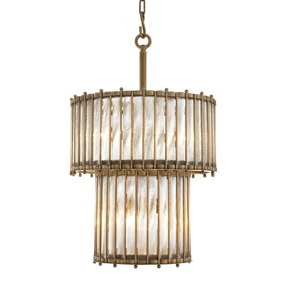 Chandelier Mezzo double with structure in brass
in antique finish. With handmade clear glass. With
six bulbs, lamp holder type E14, max 40 watt. Bulbs
not included. Also available in Mezzo medium or
large chandelier or in Mezzo wall lamp.
 