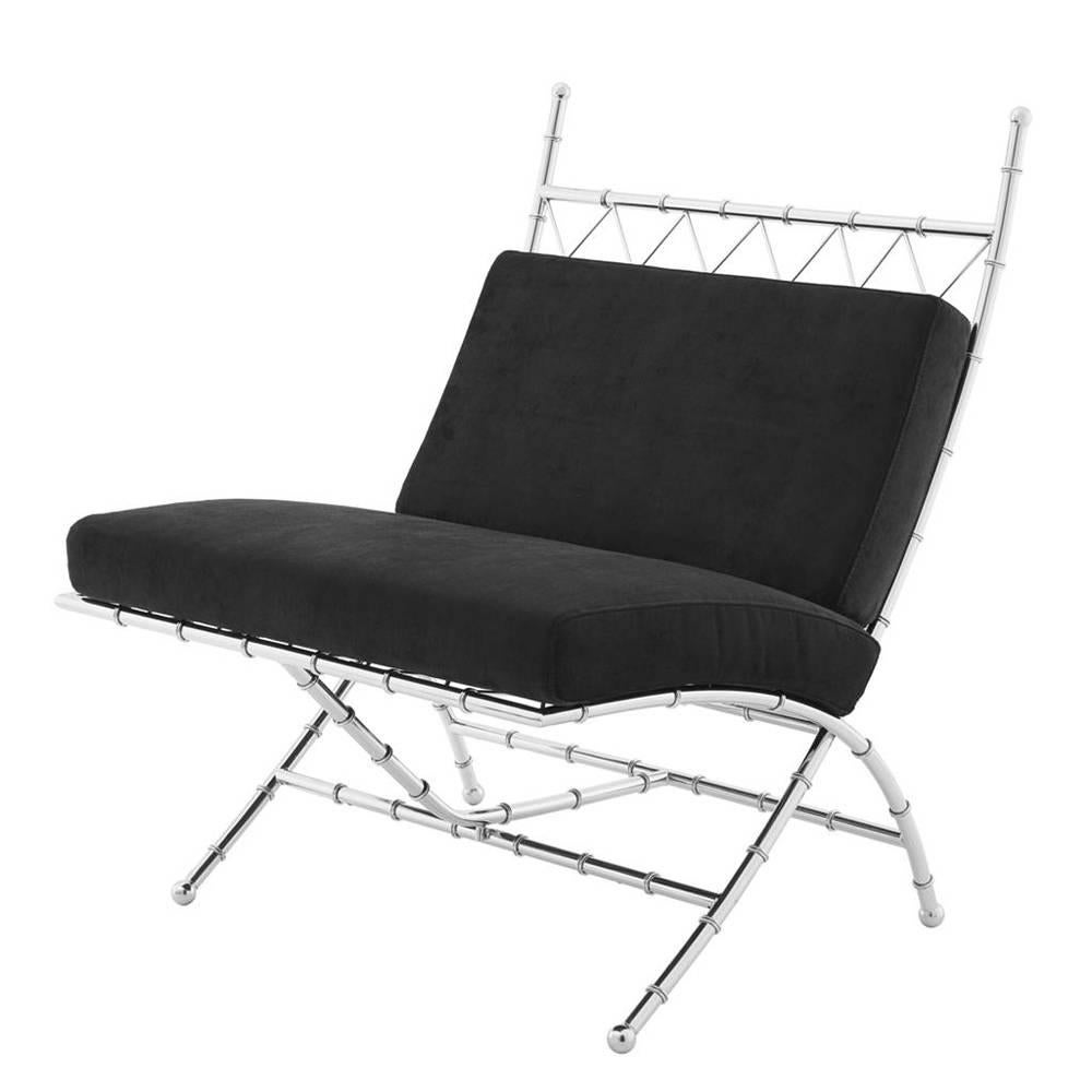 Hand-Crafted Tropic Folding Chair with Black Velvet Fabric in Brass or Nickel Finish For Sale