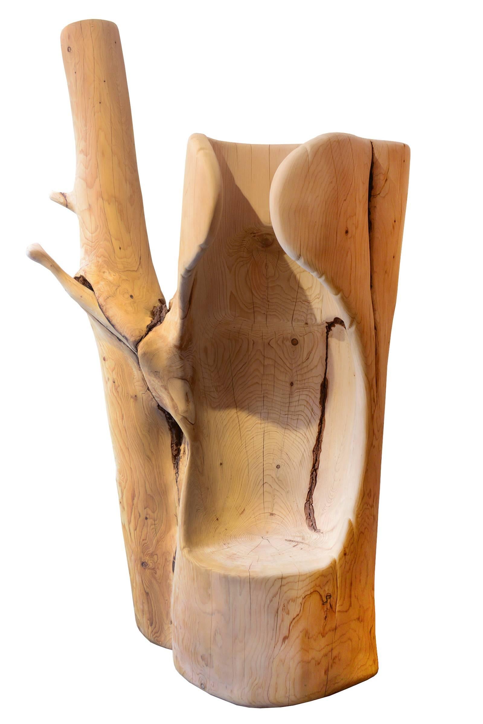 Trone cedar Tree B totally hand-carved with
lebanese solid cedar tree. Made from dead 
cedar tree. With coral red cushion seat included.
Made in France in 2018.
Also available in Trone Cedar Tree A.
Exceptional and unique piece. 
 