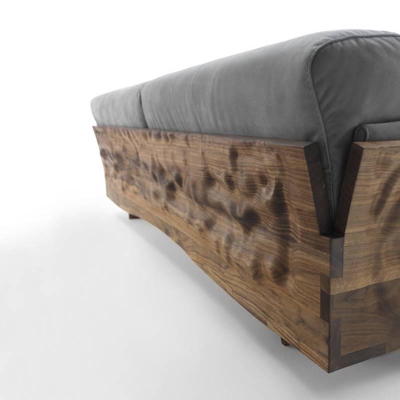 Italian Extreme Wood Sofa in Solid Walnut Wood and Genuine Grey Leather For Sale