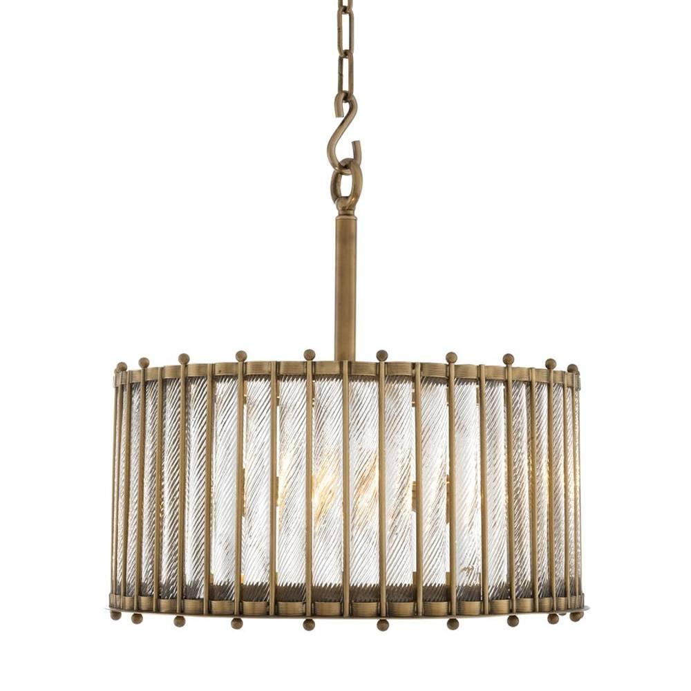 Chandelier Mezzo Large with structure in brass
in antique finish. With hand-made clear glass. With
three Bulbs, lamp holder type E14, max 40 watt. Bulbs
not included. Adjustable chain: 200cm.
Also available in mezzo chandelier or double