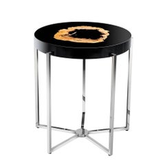 Petrified Wood Round Side Table Black Glossy and Nickel Base