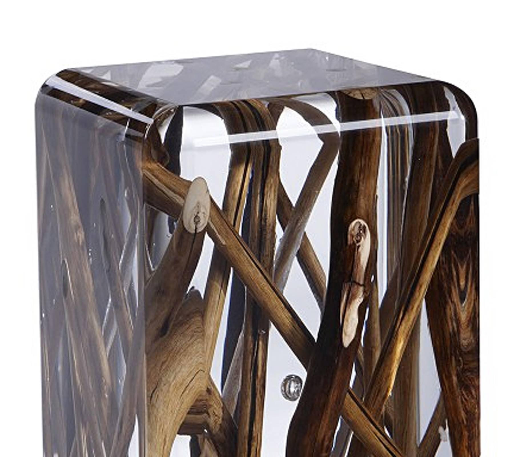 Side table in acrylic glass and floated wood.
