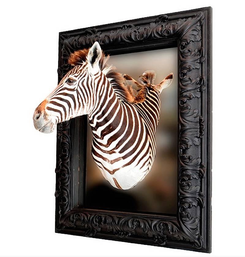 Mirror with frame and made of a real zebra head.
